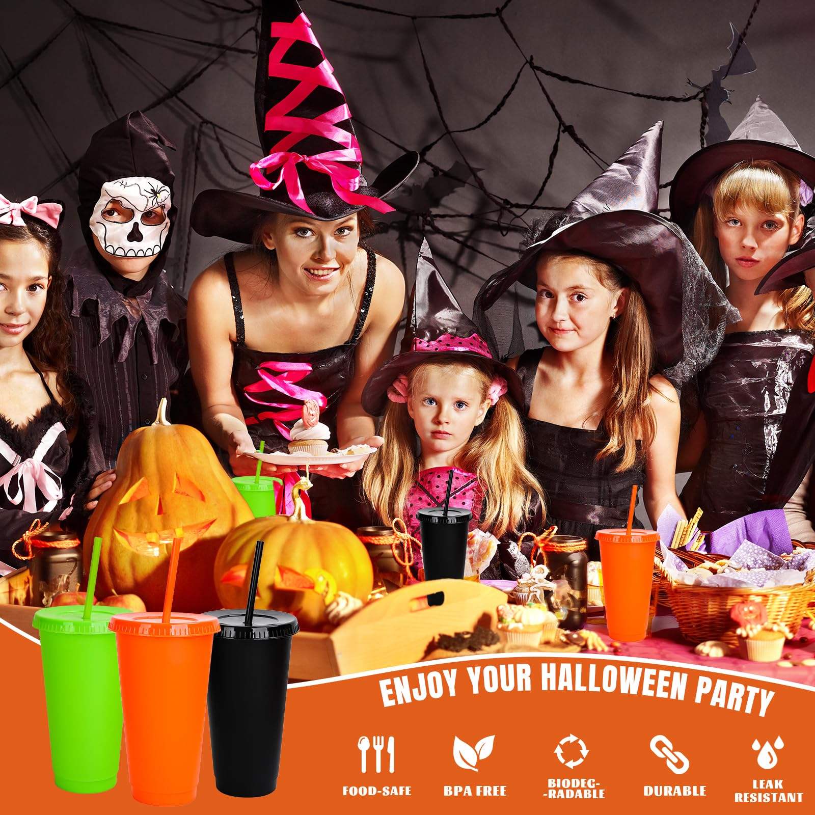 Whaline 12 bicchieri di plastica per Halloween, con coperchio, cannucce riutilizzabili, 3 colori, per caffè, bevande, bevande, feste, 680,4 g