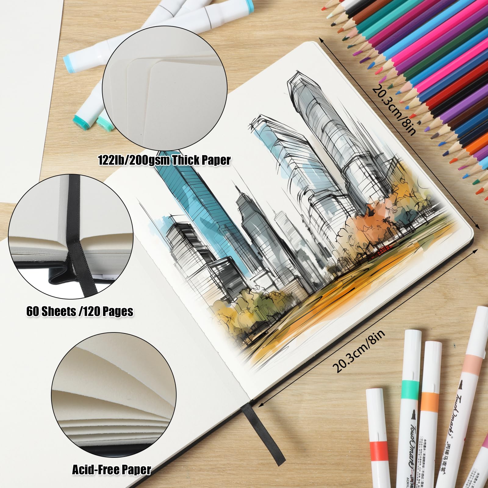 Square Sketch Book 60 Sheets, Sketchbook with 200GSM Thick Paper - Black Hardback Art Drawing Pad for Sketching 20 x 20 cm, 120 Pages - Image 2