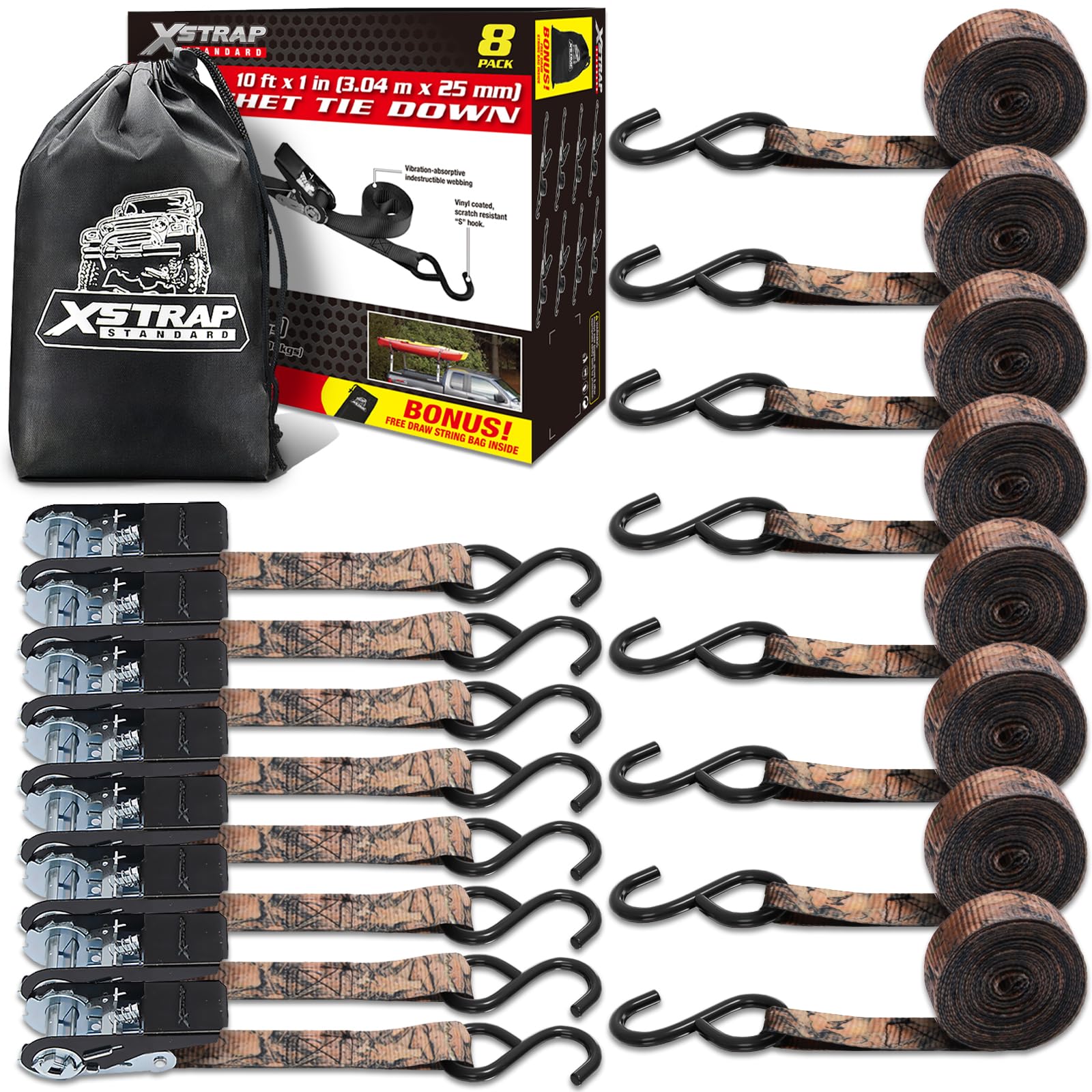 Amazon.com: XSTRAP STANDARD Ratchet Tie Down Straps - 8PK - 1'' x