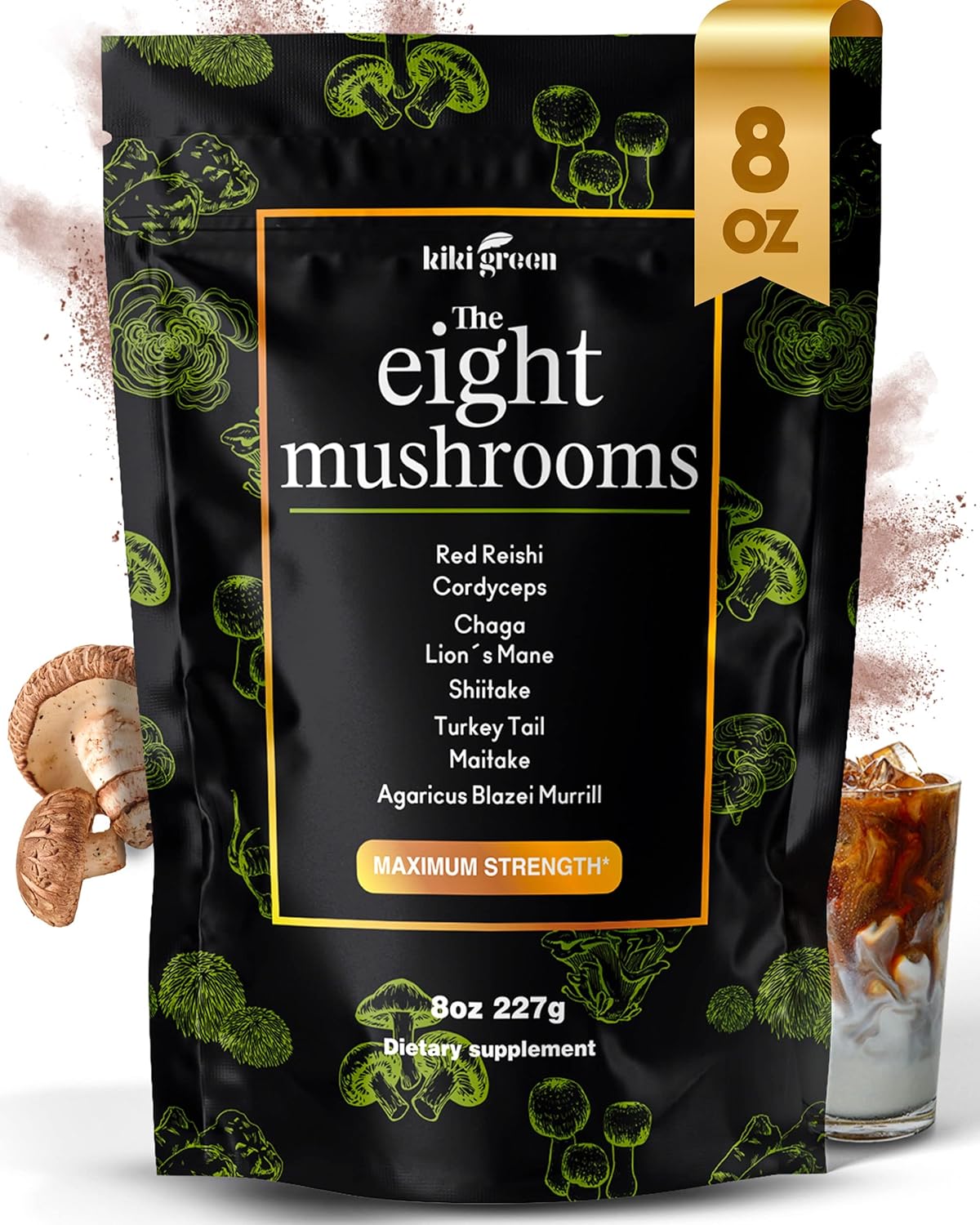 KIKI Green 8 Mushrooms Powder Extract - Supplement Blend 8 oz - Lion's Mane, Reishi, Chaga, Cordyceps, Maitake, Shiitake - for Focus and Energy - Add to Coffee and Smoothies