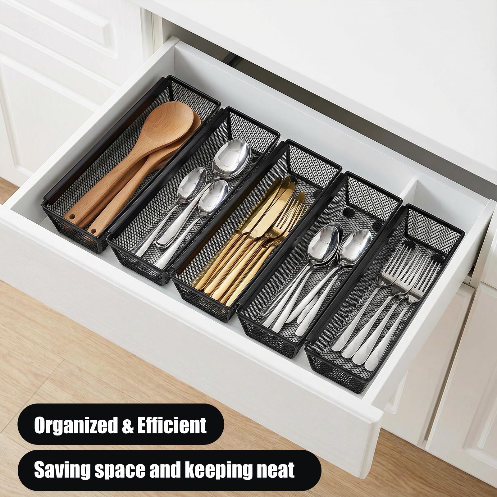 6 organizadores de cajones para cocina, organizador de cajones de malla para utensilios con brazo entrelazado para cosméticos, cubiertos, bolígrafos (12 x 3 x 2 pulgadas, negro)