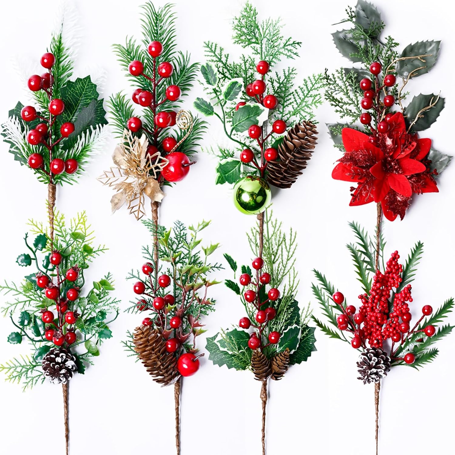 8 Pcs Artificial Christmas Floral Picks, Faux Pine Sprays with Red Berries, Holly Leaves & Pinecones, Greenery for DIY Crafts, Garland, Wreath, Xmas Tree Decor