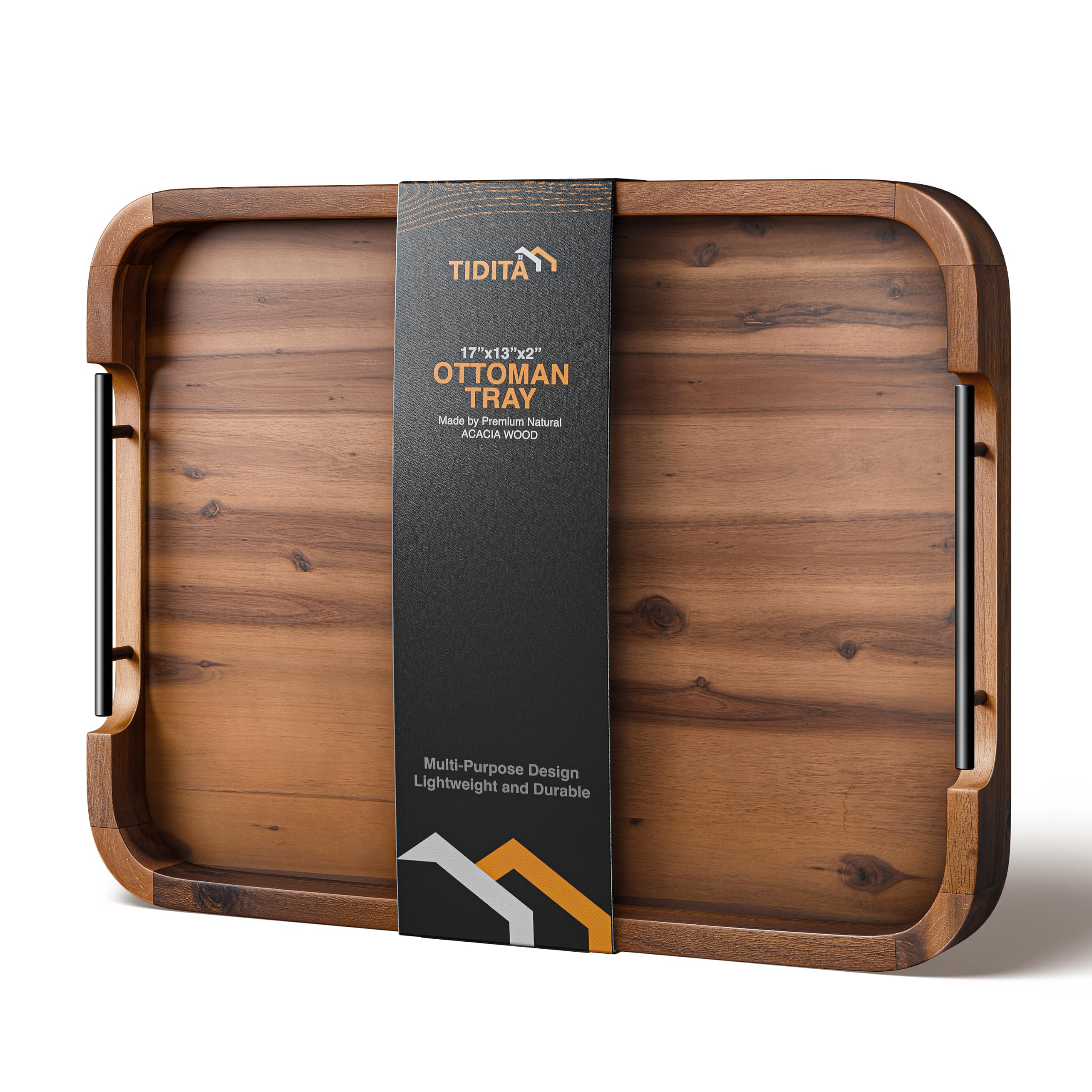 TIDITA Ottoman-Tablett für Wohnzimmer, rechteckiges Serviertablett mit Griffen, Tablett aus Akazienholz für Couchtisch, Wohnzimmer, Frühstück im Bett, dekorative Tabletts für Ottomane