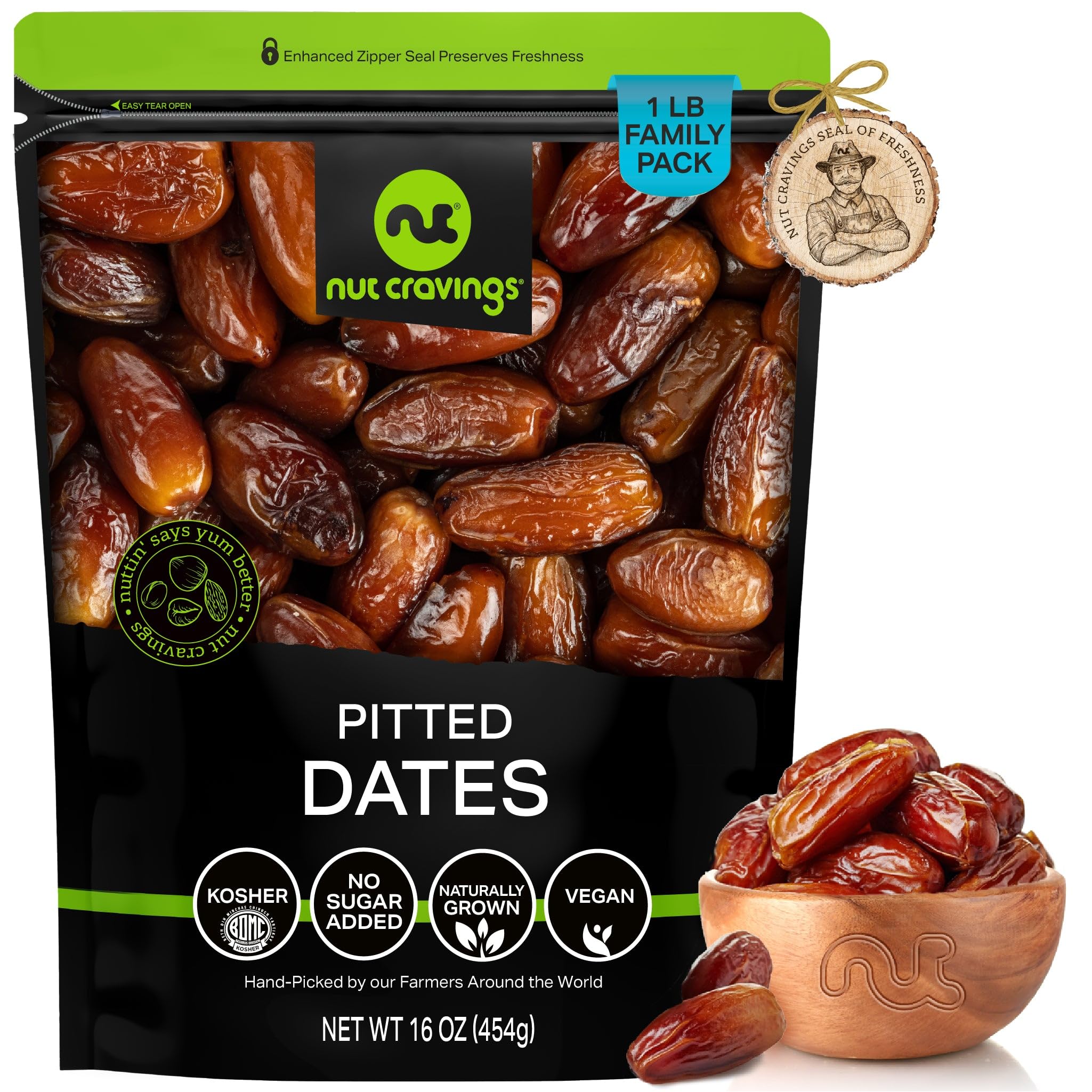 NUT CRAVINGS - Sun Dried Deglet Noor Dates Pitted, No Sugar Added, Unsulphured (16oz, 1 LB) Bulk Dry Fruits Packed Fresh in Resealable Bag - Sweet Healthy Snack, Naturally Grown, Vegan, Kosher