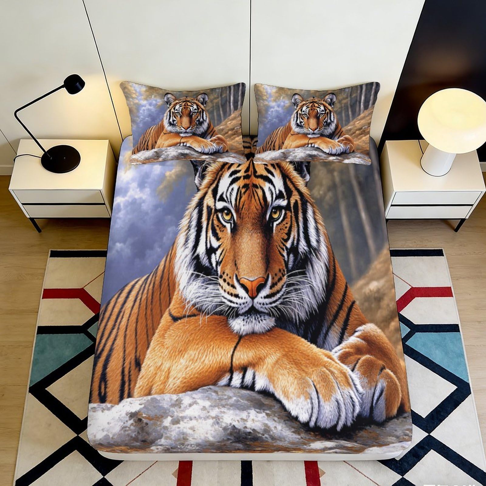 Uynsixtme Style-6 3D Printed Tiger Pattern Fitted Sheet Microfiber Deep Pocket Full Wrap Bedroom Bedding Tiger Mattress Fitted Cover Non-Slip Elastic Hem 90X200x25cm