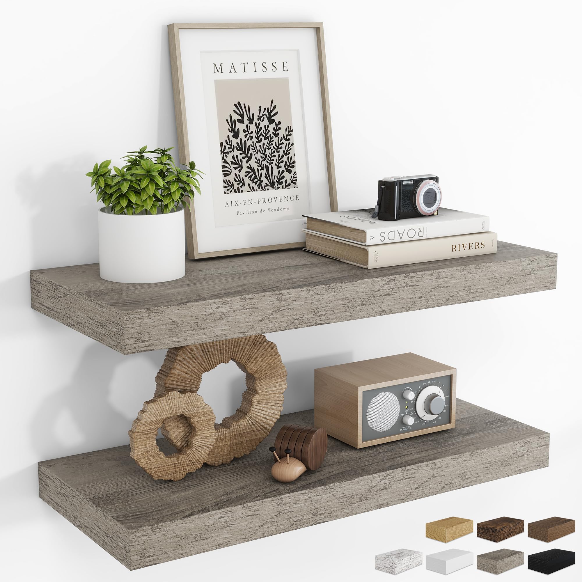 RICHFOCUS 24Inch Floating Shelves for Wall 2Pack, Grey, 8" Deep
