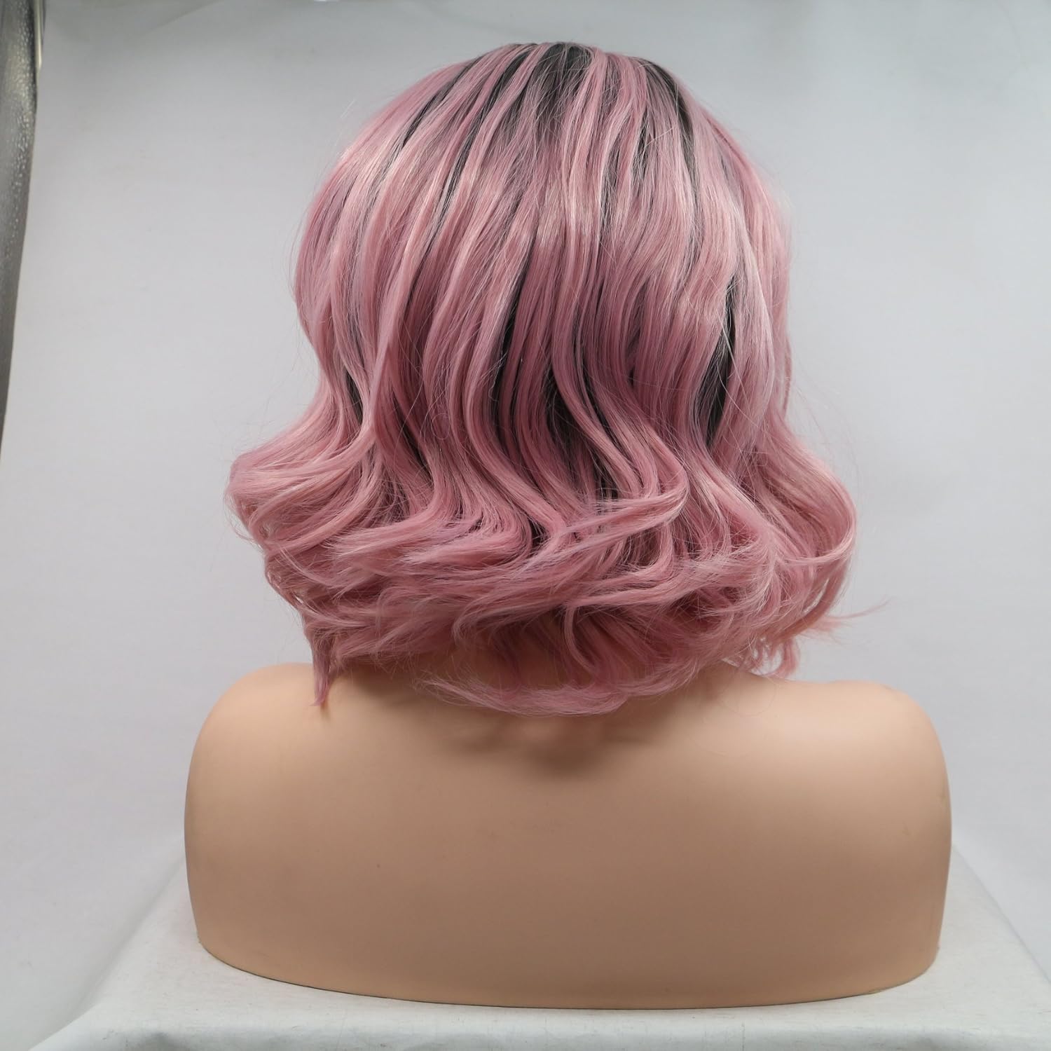 Short Bob Wavy Lace Front Wigs for White Women Orange Pink Ombre Dark Roots Glueless Synthetic Hair Wig Heat Resistant Side Parting 12 inch (Orange Pink with Black Roots)