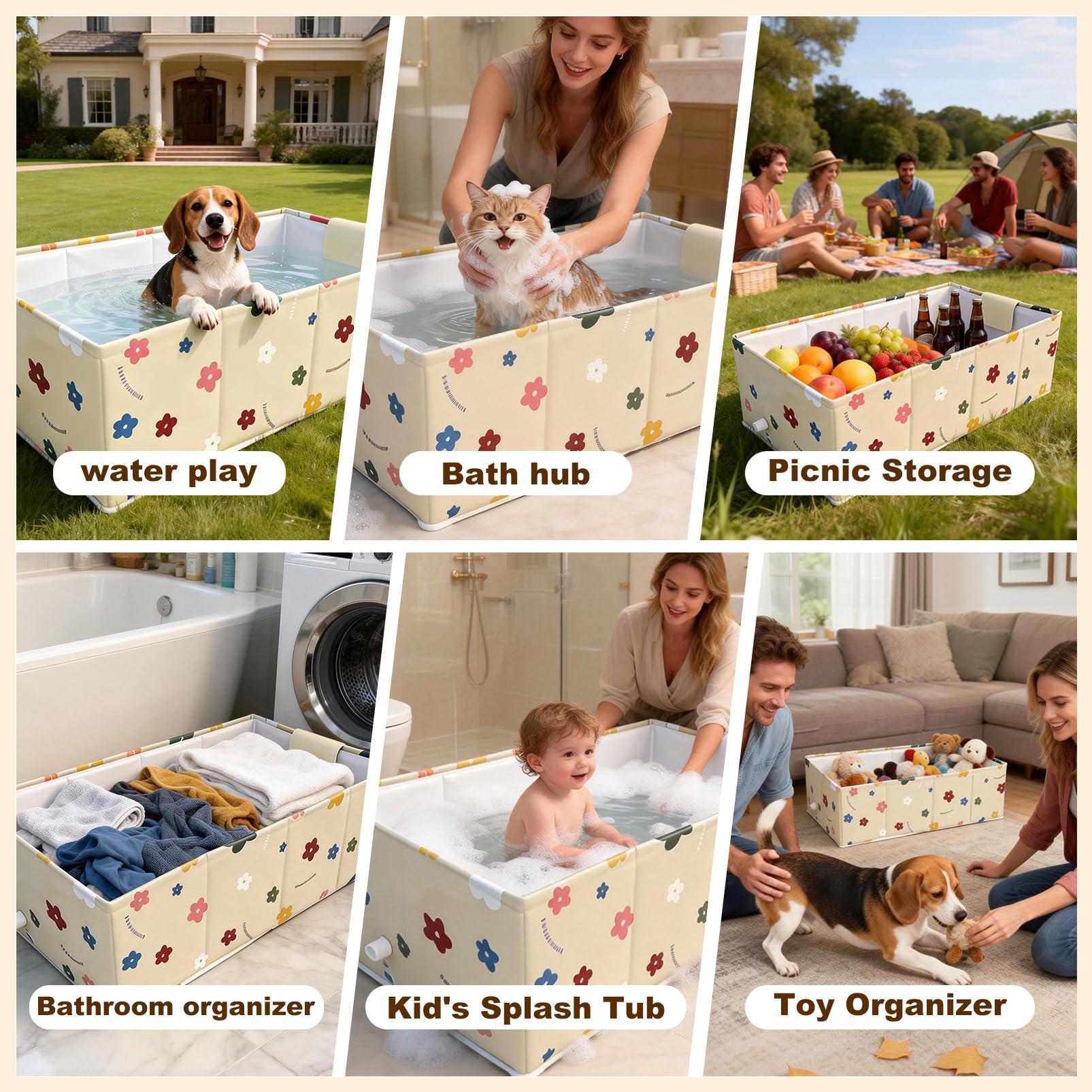 Bañera plegable para perros y gatos pequeños a medianos, bañera plegable para ducha/fregadero de cocina, base aislante gruesa, lavabo portátil y que ahorra espacio, 27.5 x 15.7 x 9 pulgadas, amarillo
