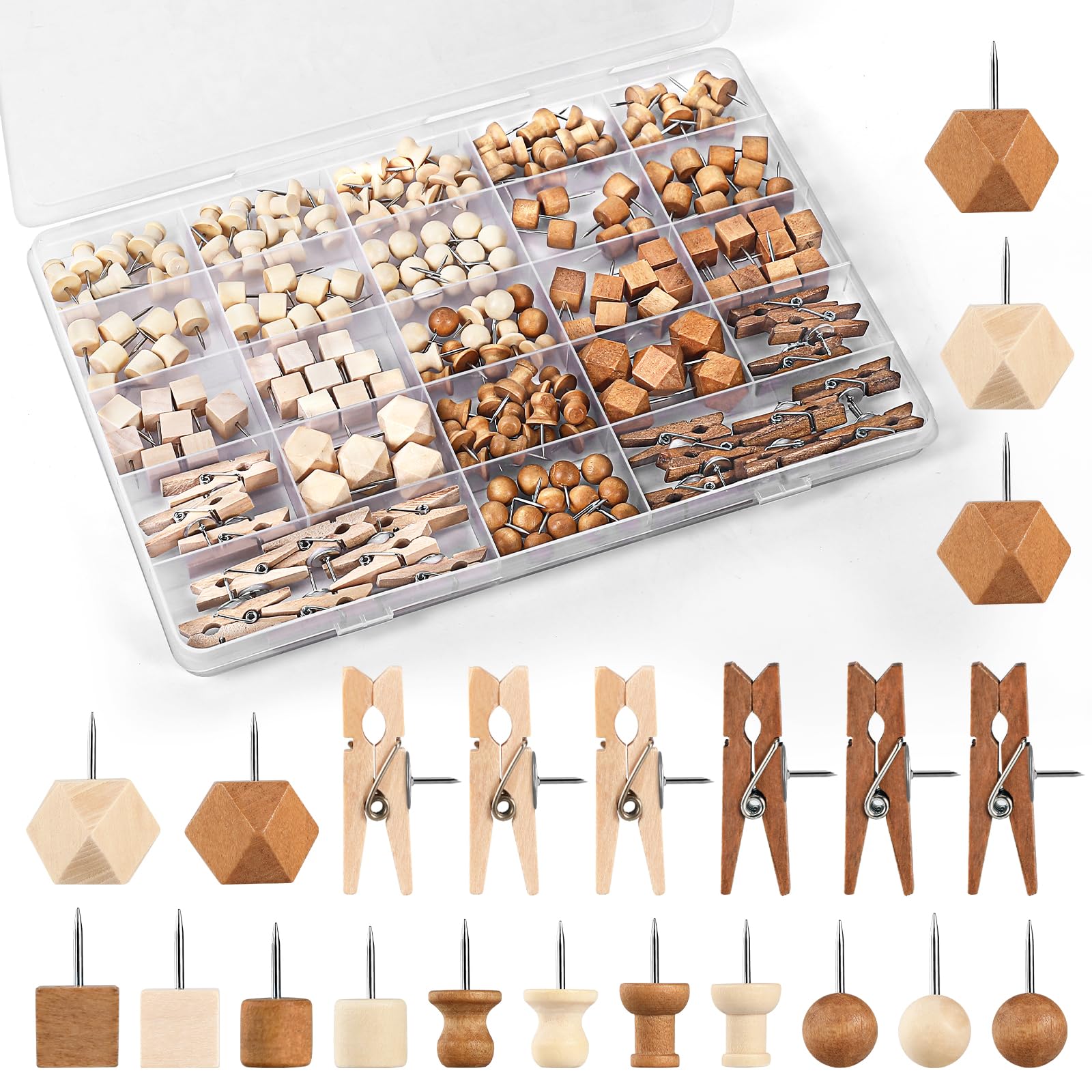 200 chinchetas de madera, 7 tipos y 2 colores, chinchetas de madera lindas chinchetas para decoración de madera para tablero de corcho, chinchetas lindas para tablón de anuncios, suministros