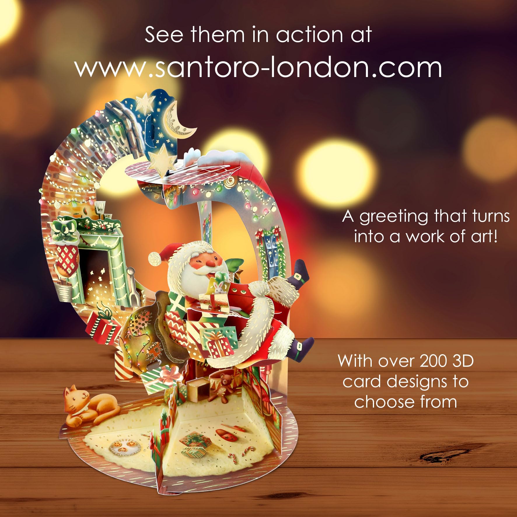 Santoro 3D-Pop-Up-Weihnachtskarte „Weihnachtsmannschlitten“ – Bewegliche Teile, Flach Verschickbar, Inkl. Umschlag