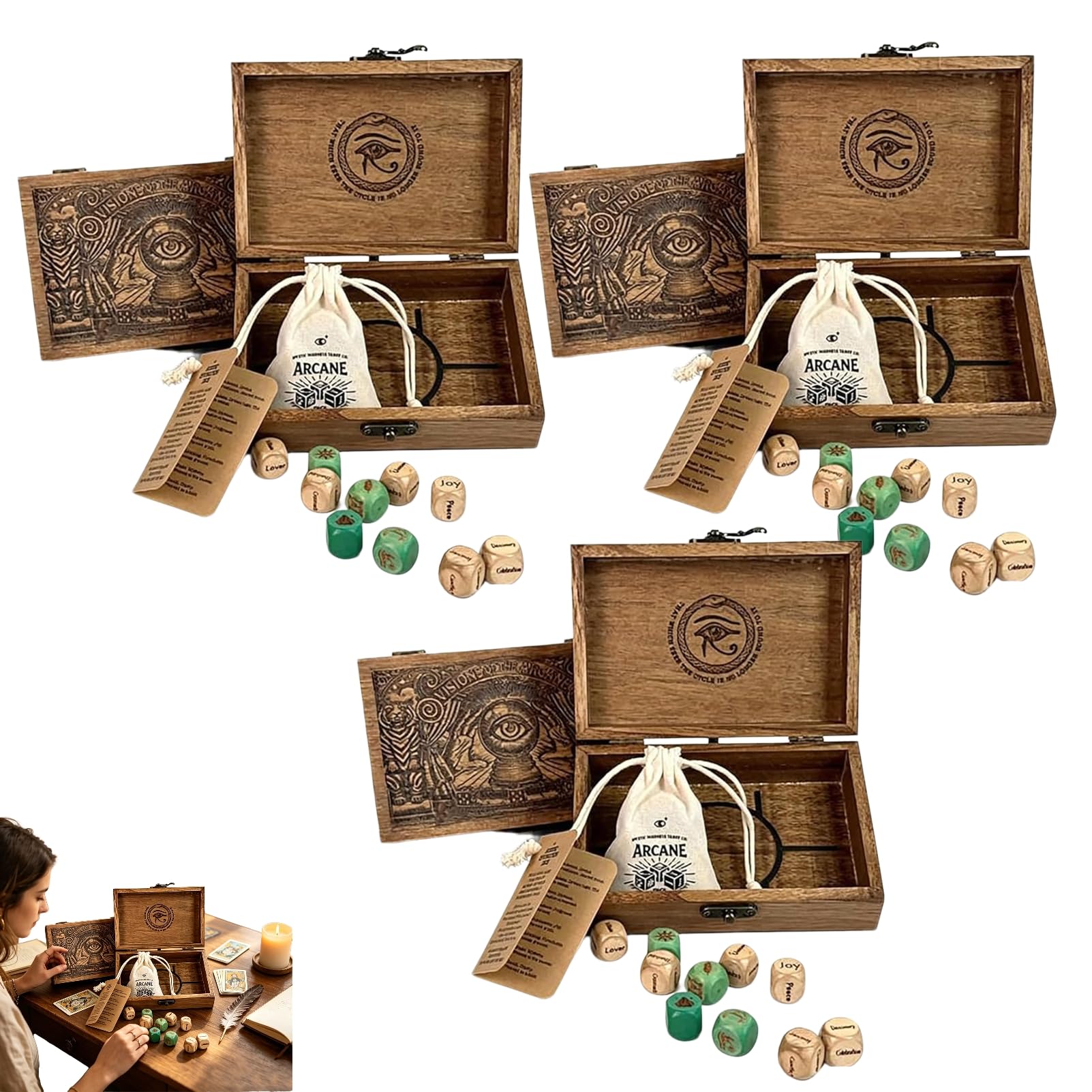 Arcane Divination Dice Set in Wood Box, Arcane Divination Dice Set – Engraved Wooden Box, Oracle Dice for Tarot Ritual, Complete 10-Piece Dice for Deep Symbolic Insight,3 set — image 1