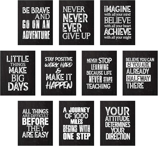 10 Pieces Inspirational Wall Poster Positive Quote Posters Wall Decor Affirmation Art Posters with 80 Glue Point Dots for Classroom Living Room Office Walls Decorations (Black White, 11 x 14 Inch)