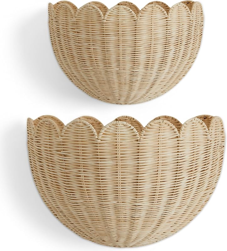 The Original Scalloped Wicker Wall Basket – Set of 2 (16x10x7 In) | Handwoven Scalloped Wall Baskets, Rattan Wall Hanging Baskets, Wall Storage Basket for Nursery, Living Room Natural
