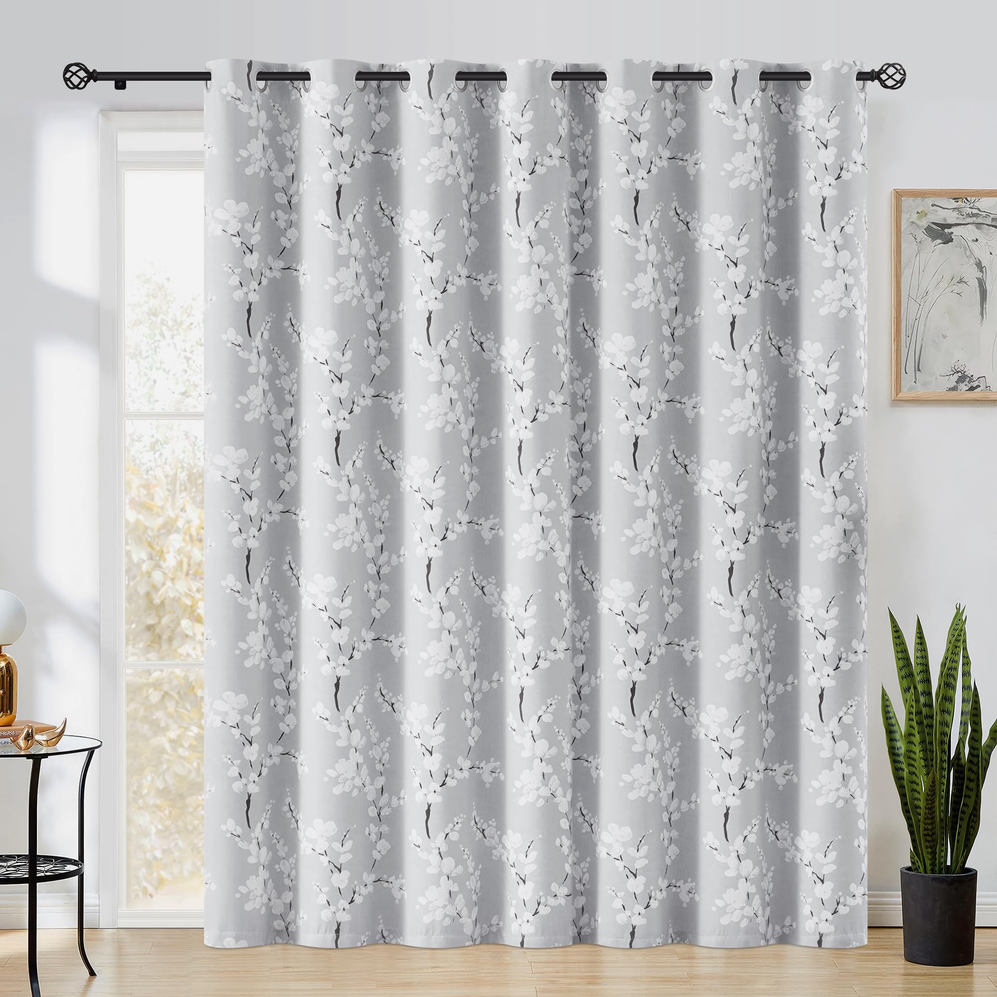 FMFUNCTEX 100% Blackout Sliding Door Curtains for Living Room, Grey Floral Print Extra 100 Wide Window Curtain Panels for Sliding Glass Door, Thermal