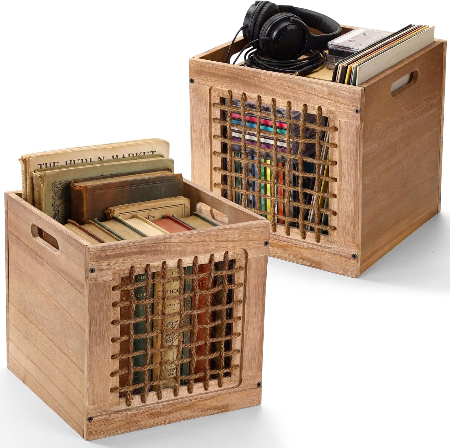 Geelin 2 Pack Wood Storage Bins with Handles 11 x 11 x 11 Inch 22l Cube Multipurpose Decorative Vintage Farmhouse Wood Rope Crate Stackable Cube Containers Organizing Bins for Toy Clothes Books Office