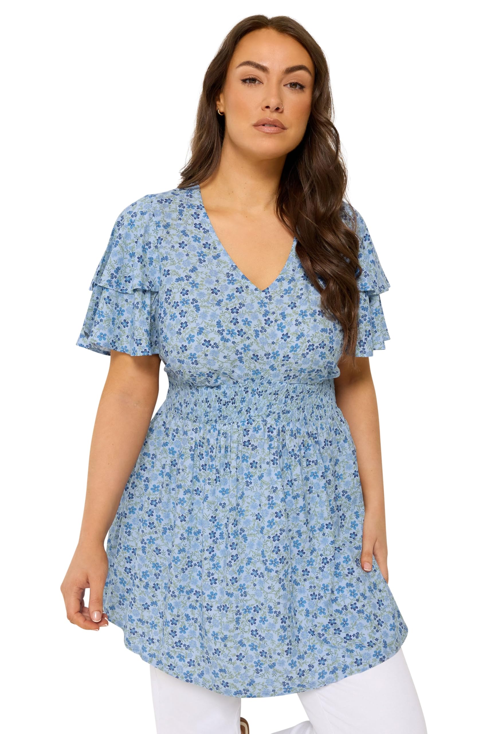 Yours Women's Light Blue Ditsy Print Flutter Sleeve Top In | Size: 14
