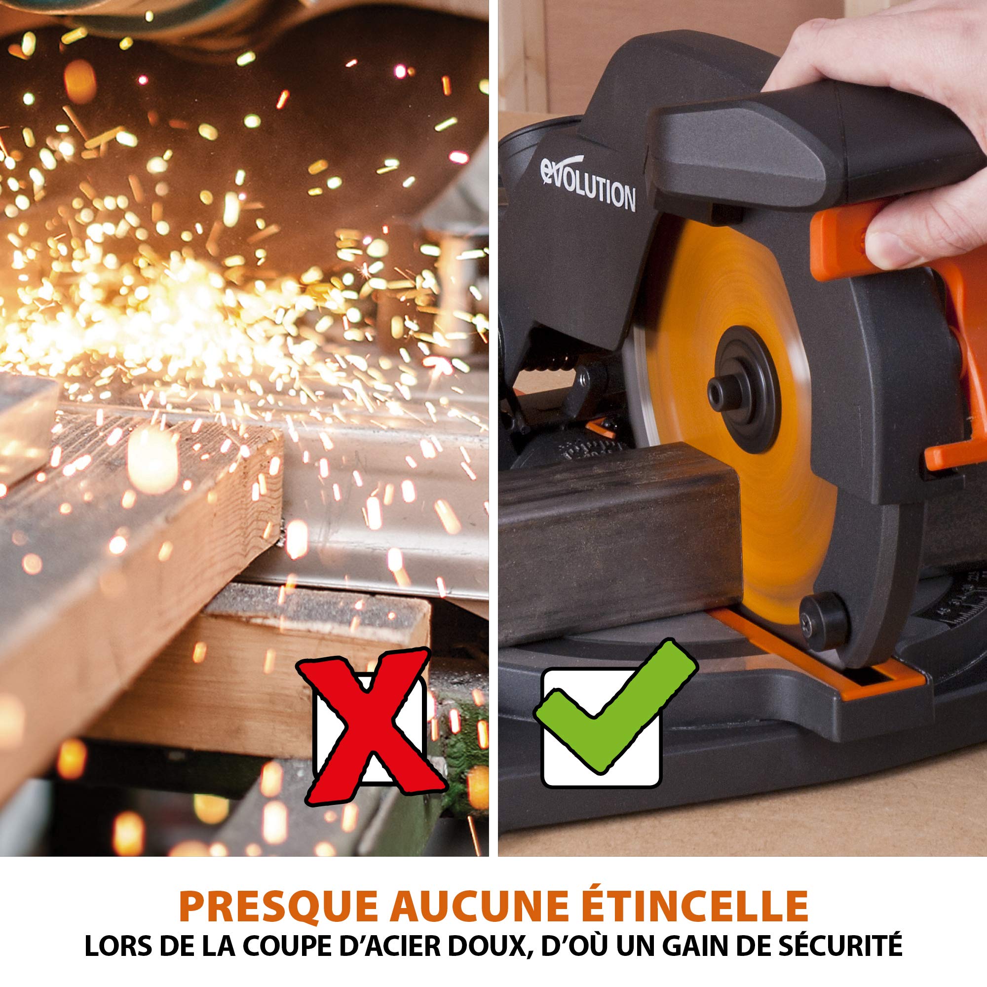 Evolution Power Tools Scie à Onglet Compacte 1200W 210mm Coupe Multi-Matériaux Lame TCT Incluse 45° Angle Onglet et Biseau R210CMS