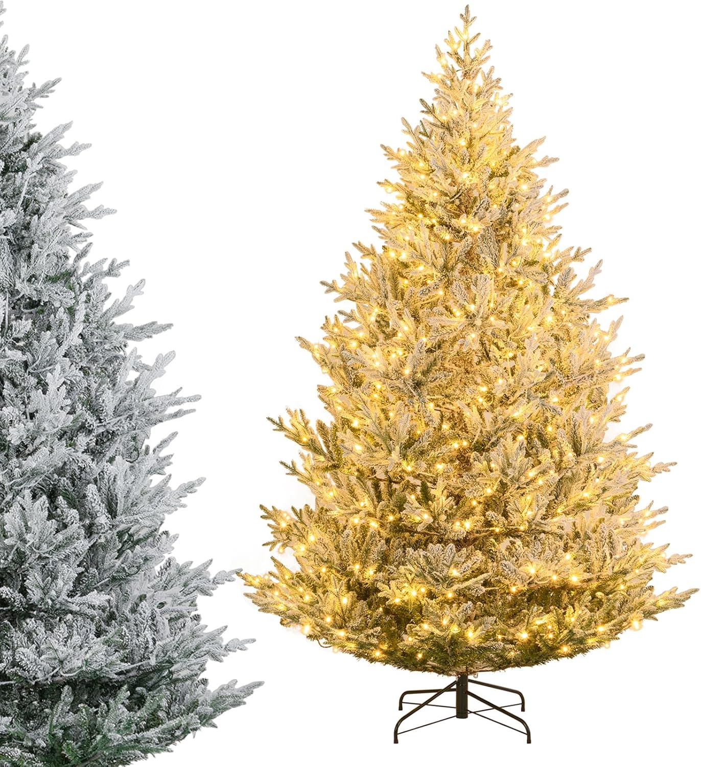 DORTALA 8 FT Pre-lit Snow Flocked Christmas Tree, Hinged Artificial Xmas Tree with 580 Warm White Adjustable LED Lights, Timer, 1470 Branch Tips, Foldable Metal Stand, Holiday Decor, White & Green