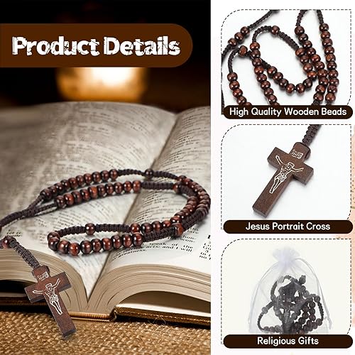 Miniatura 3 de 24 piezas de rosario de madera, rosario católico, cuentas talladas en madera con cruz de Jesús, rosario de primera comunión, a granel con bolsas de