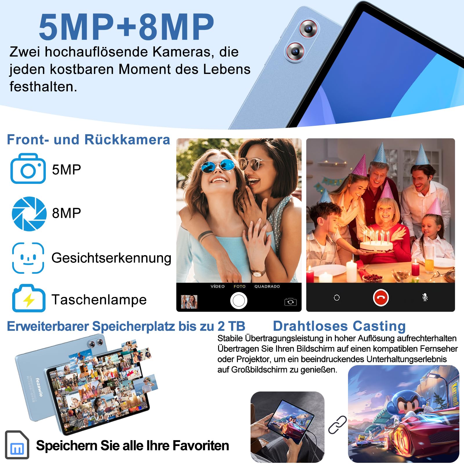 Tablet Android 15 Gemini AI 10,1 pollici,30GB RAM+128GB ROM,Widevine L1,blu | tablet con tastiera, mouse e custodia di protezione,Octa-Core, Wi-Fi 6, 8000mAh, jack audio 3,5 mm, GPS