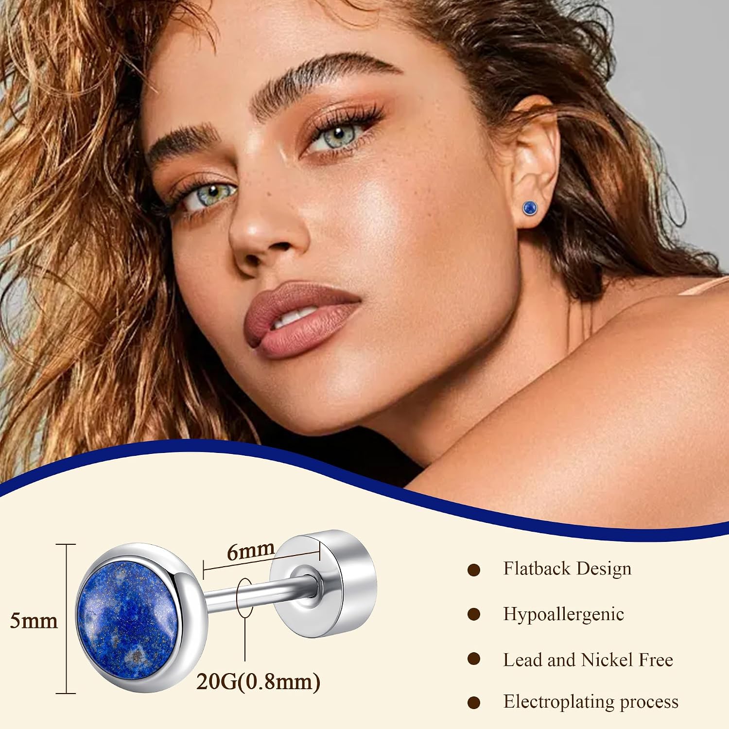 Flat Back Earrings for Women, G23 Titanium Hypoallergenic Onyx Earrings, Stone Flat Back Studs Earring for Multiple Piercings Flatback Earring Sensitive Ears image 2