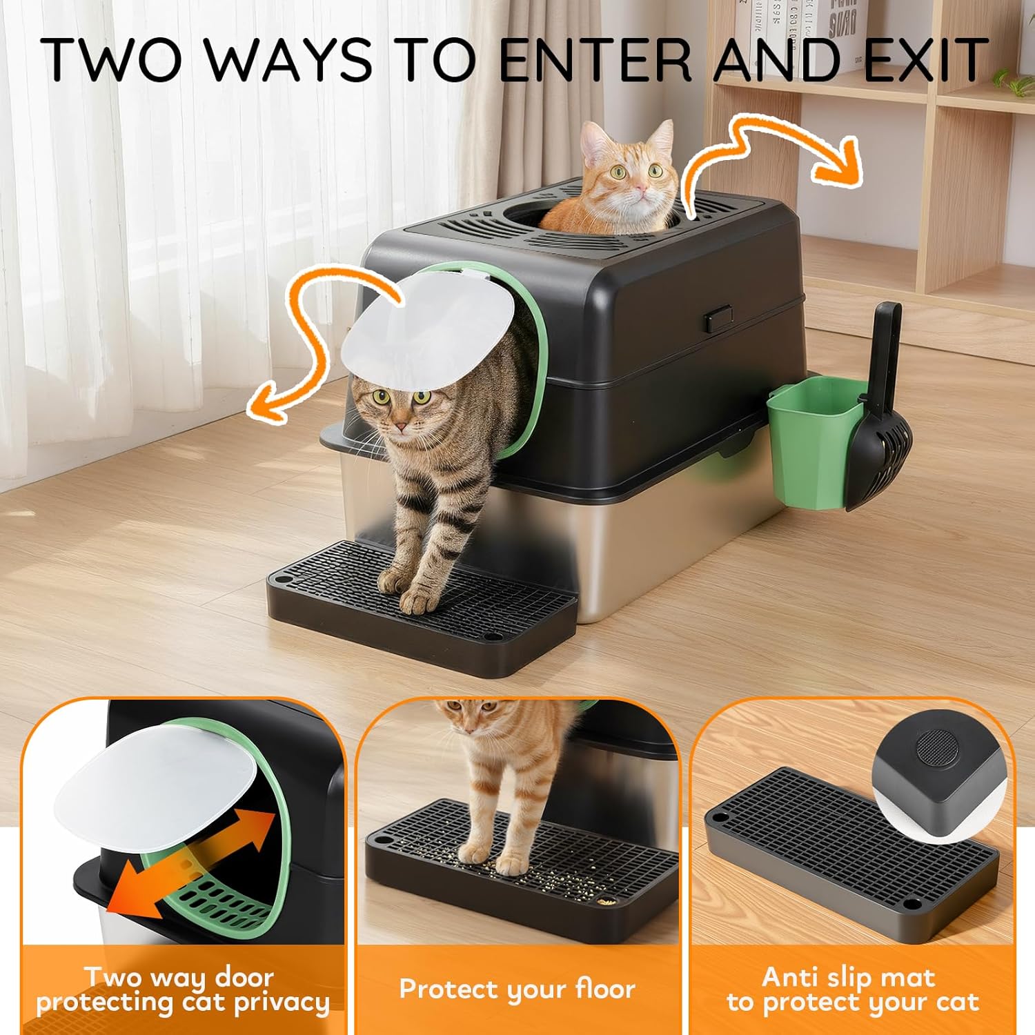 Cat Litter Box with Lid,Extra Large Enclosed Removable Cat Litter Boxes ，Stainless Covered，Top Entry Metal Kitty Litter Box with Cover.High Sided Enclosure with Scoop-Black