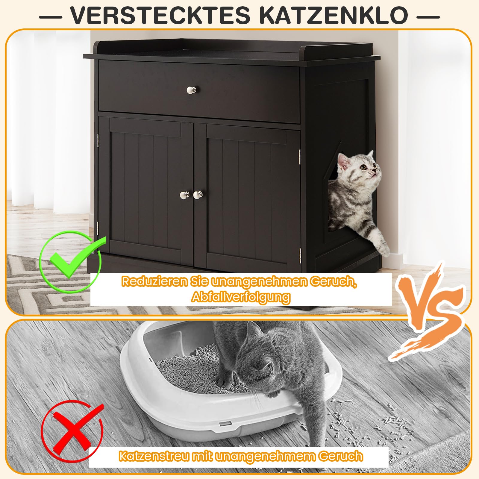 GOPLUS 3 in 1 Katzenschrank, Katzenklo mit Schubladen, Doppeltüren und Katzenlöchern, versteckte Katzentoilette, Katzenstreu-Beistelltisch für Wohnzimmer, Schlafzimmer & Balkon (Braun)