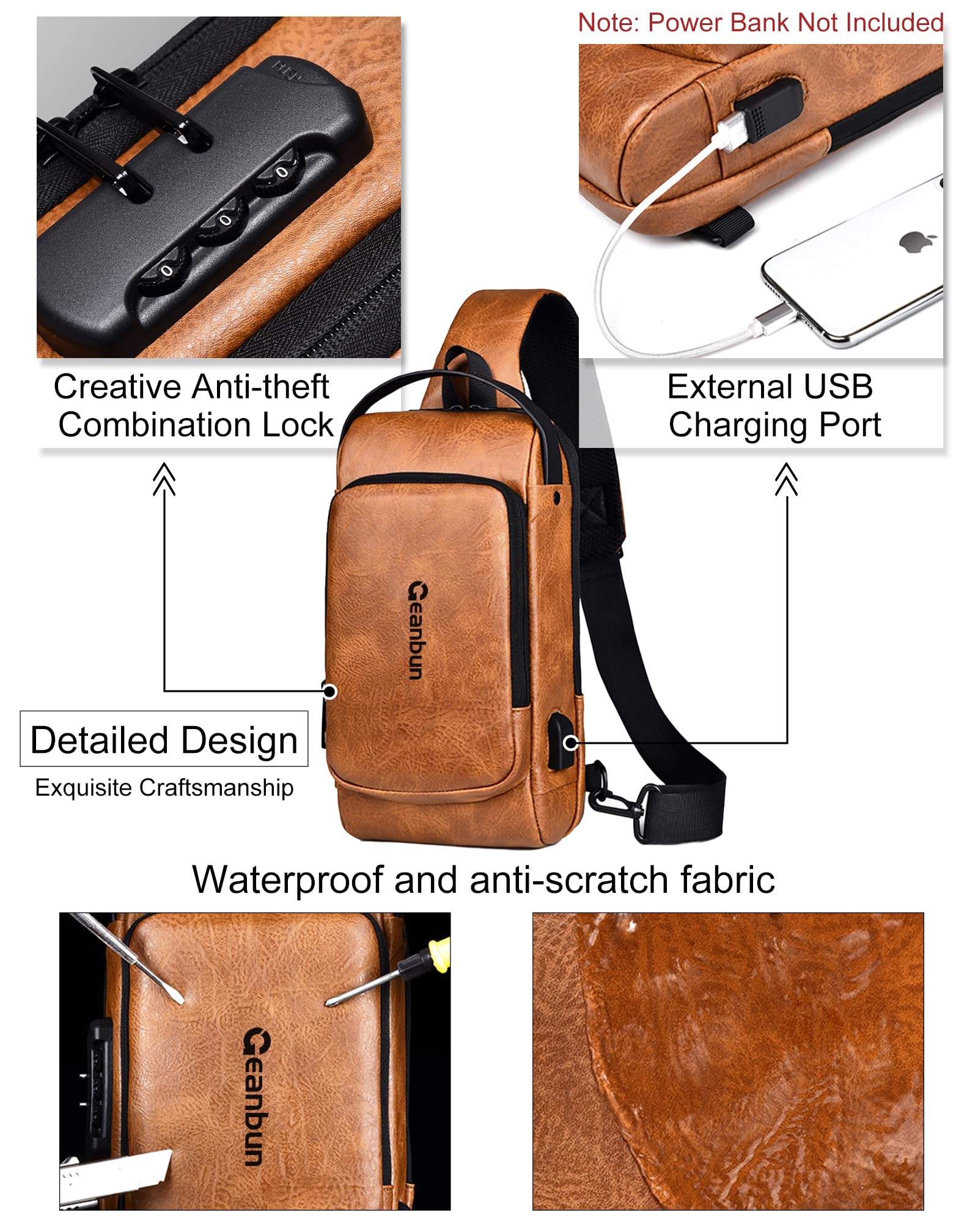 Mochila cruzada USB antirrobo para hombre, mochila impermeable para el pecho, Marrón-2, Moda 4