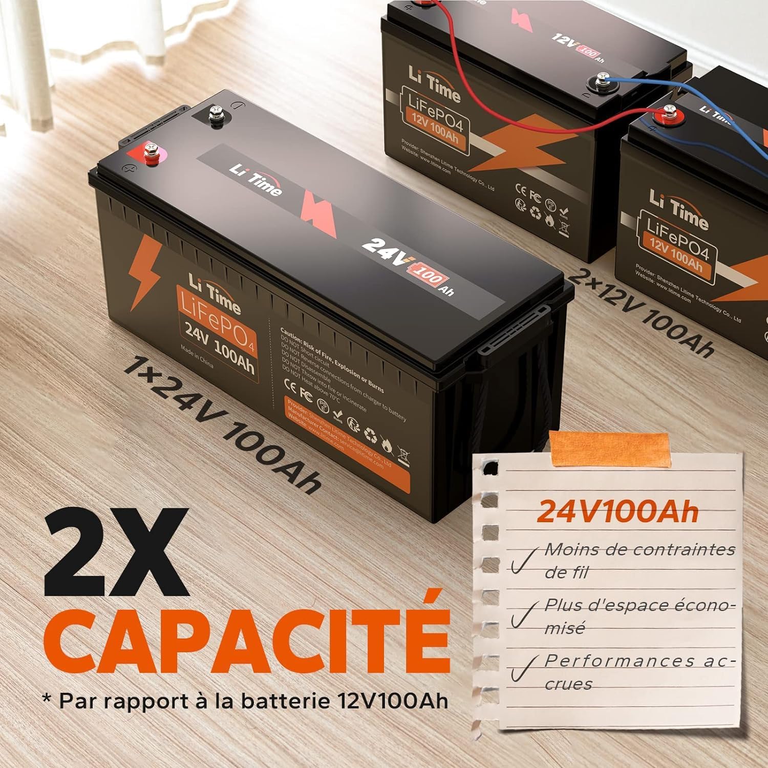 LiTime Batterie 24V Lithium 100Ah LiFePO4 avec 100A Protection BMS, 4000-15000 Cycles Profonds, Max 2560W, Entretien Zéro - Parfaite pour Camping - Car, Système Solaire, Bateaux