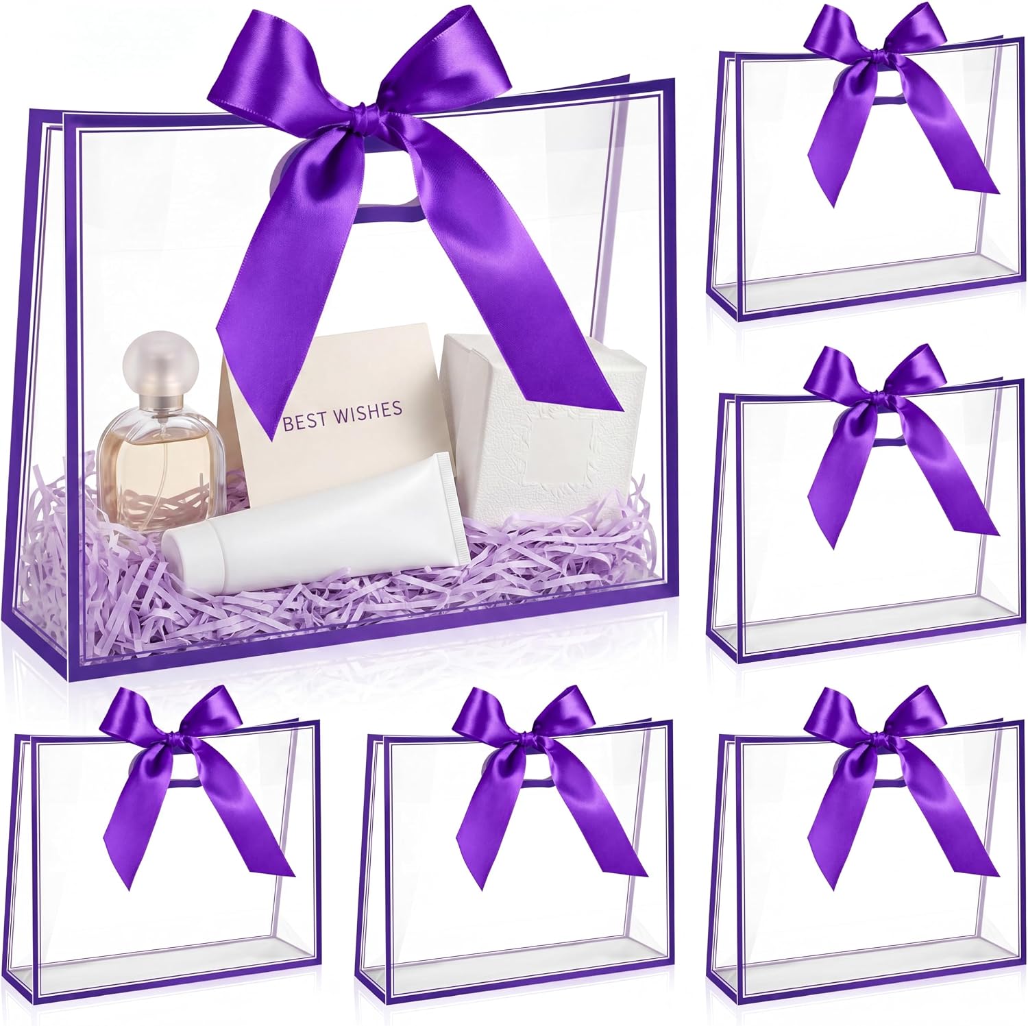 Aliceset 12 Pcs Clear Plastic Gift Bags with Die Cut Handles Reusable Party Favor Bags with Ribbon for Birthday Wedding Bridal Shower Baby Shower, 12 x 10 x 5''(Purple)