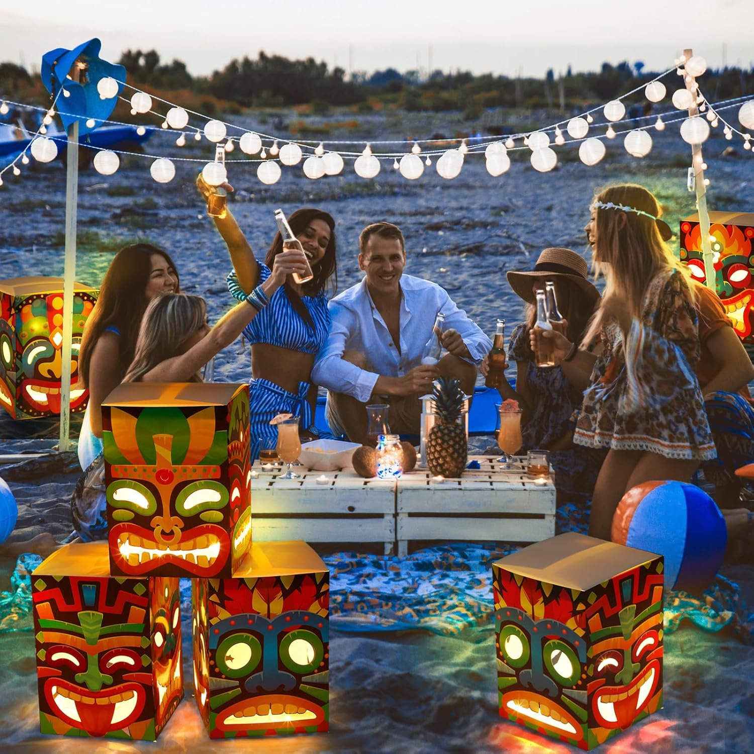 Janlaugh 16 Pcs Tiki Totem Box Decor with Light, Luau Party Decorations for Hawaiian Birthday Party Tropical Aloha Decor 9.84 x 7.09 Tiki Lighted Gift Boxes for Garden Patio Porch Outdoor Decor