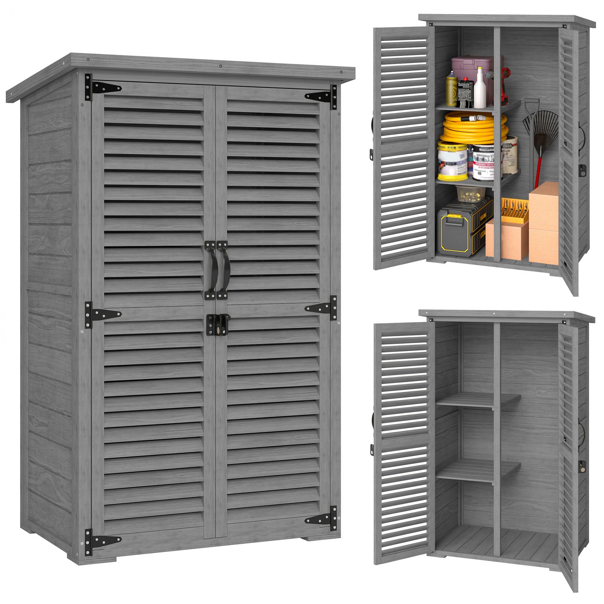 Outsunny - Armario de jardín para herramientas de madera, 2 estanterías tejado betún puertas persianas con cerradura 75 x 50 x 118 cm, color gris
