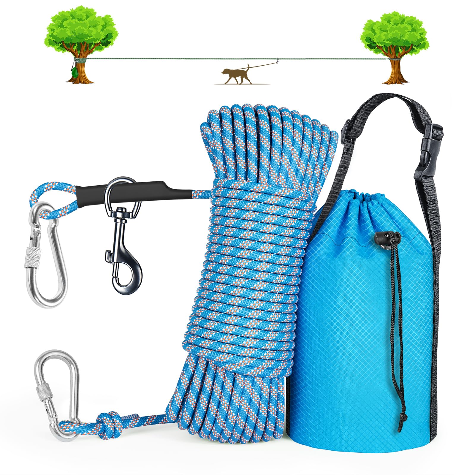 Tresbro Dog Camping Leash, 50ft/75ft/100ft Trolley System for Dogs up to 300lbs, Portable Lightweight Dog Runner Lead for Yard, Reflective Tie Out