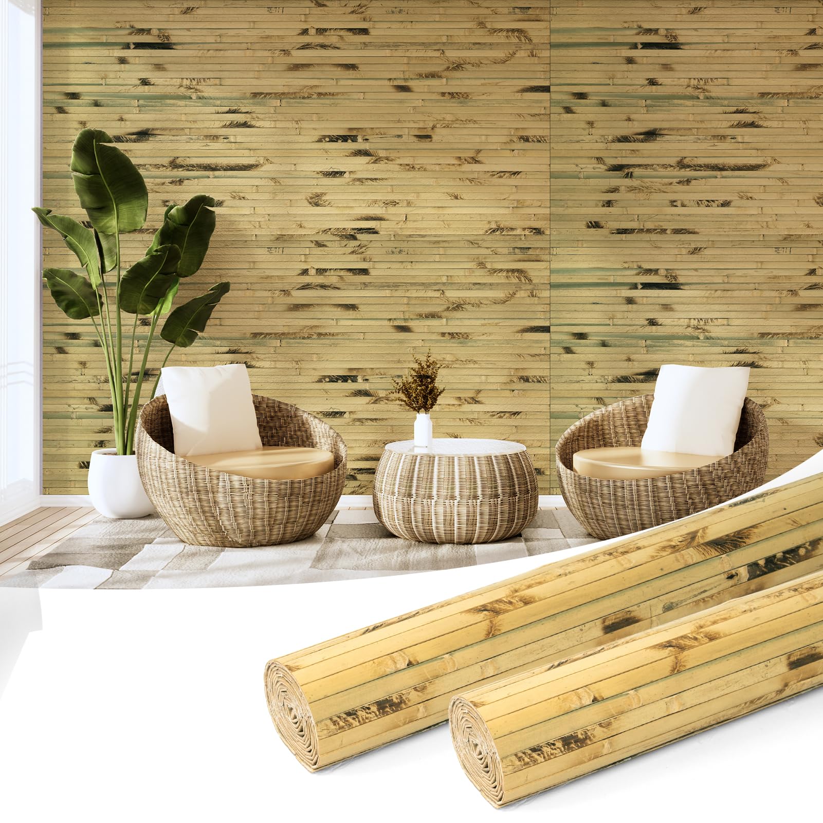 Art3d 48 x 96 in Pole Wrap Natural Bamboo Wall Panel, 2-Pack, Light Burned