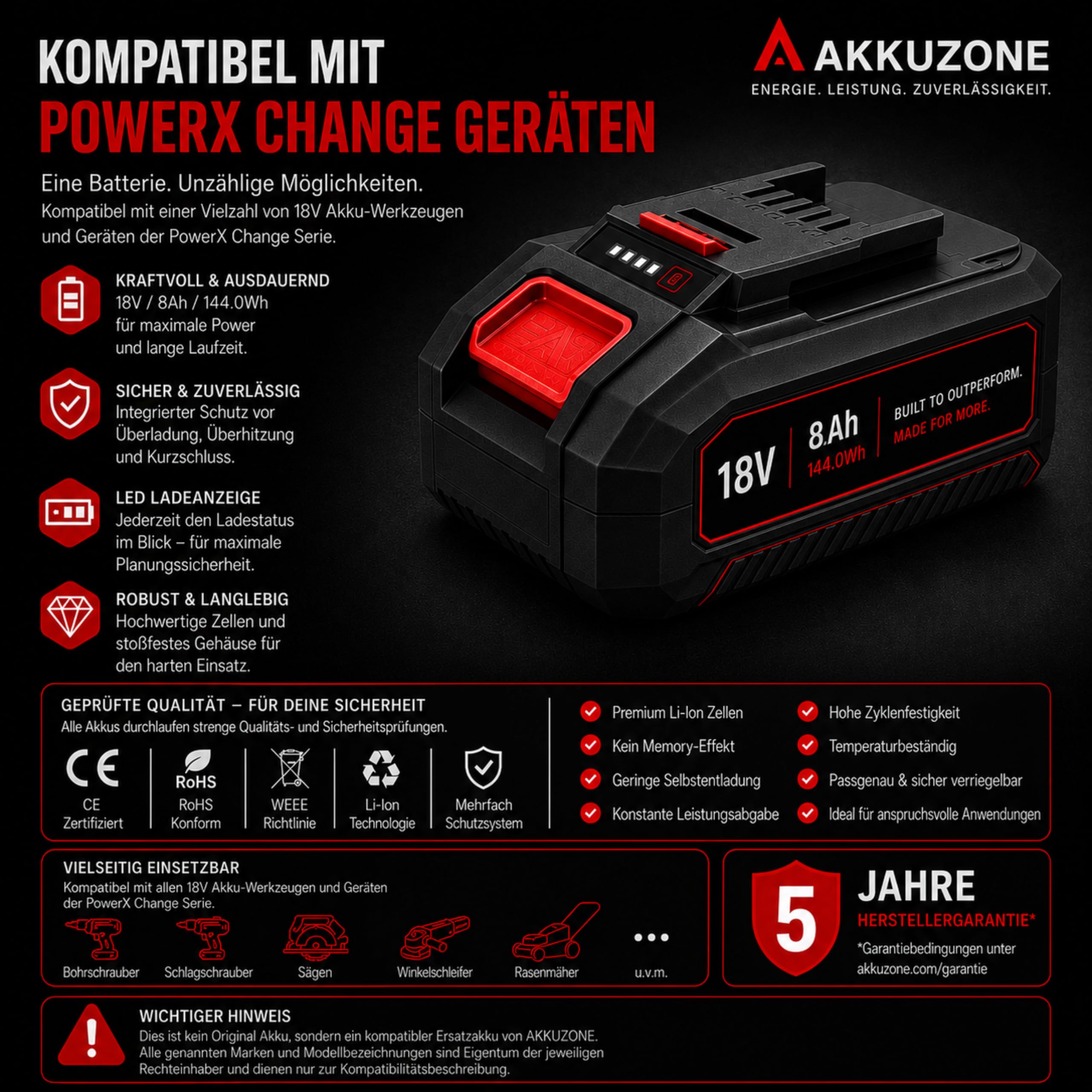 Batteria da 18 V 8,0 Ah compatibile con Einhell Power X-Change, batteria agli ioni di litio ad alte prestazioni con indicatore LED dello stato di carica, batteria di ricambio per utensili elettrici da