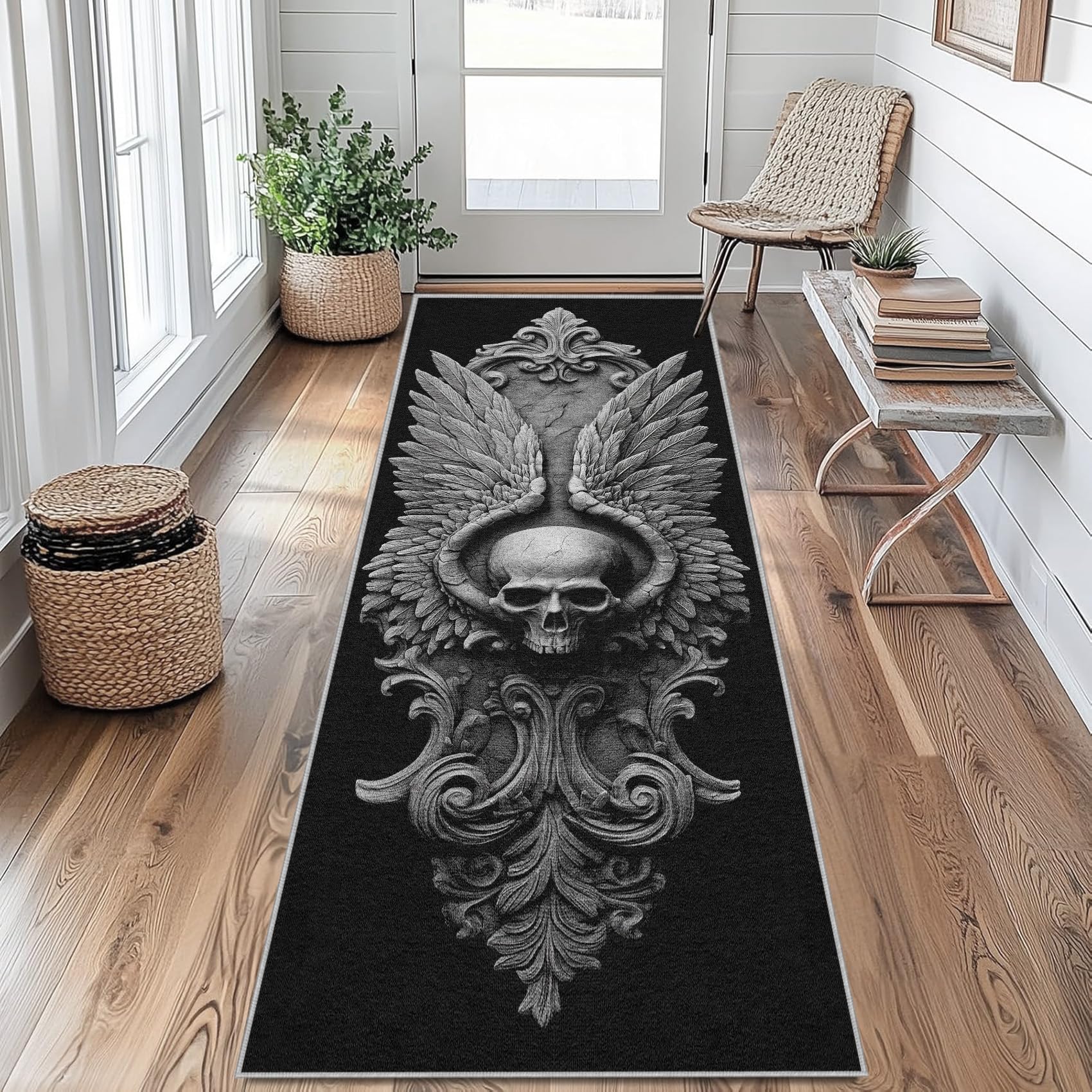 Generisch Gothic Schädel Läufer Teppich Flur 60x180cm Waschbar Engelsflügel Teppichläufer rutschfest Kurzflor Teppich Läufer für Eingang, küche, Schlafzimmer, Wohnzimmer, Korridor ZU&Q348