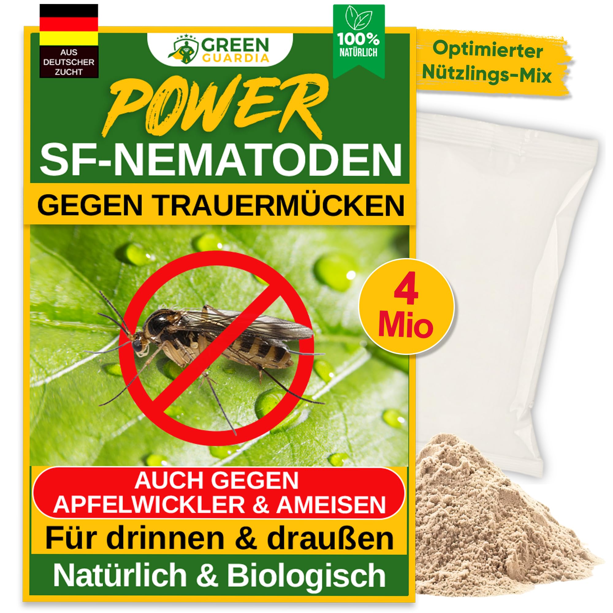 GREEN GUARDIA Power SF-Nematoden - 4 Mio. (40 Pflanzen/8m²) gegen Trauermücken – Biologisches Mittel zur effektiven Trauermücken Bekämpfung – Umweltfreundlich, chemiefrei