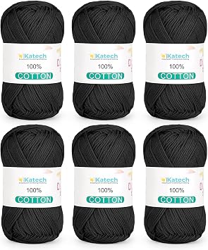Katech Pure Cotton Yarn for Crocheting & KnittingSoft Sport Weight CYC #2, 6 Skeins 50g Each, 300g Total, Ideal Crochet Yarn for Dishcloths, Baby Clothes, Socks, Lightweight ScarvesBlack