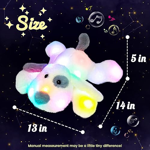 Vista 22 de Hopearl Cachorro de peluche con luces LED que brillan en la oscuridad, para festivales de cumpleaños para niños pequeños, blanco, 14 pulgadas
