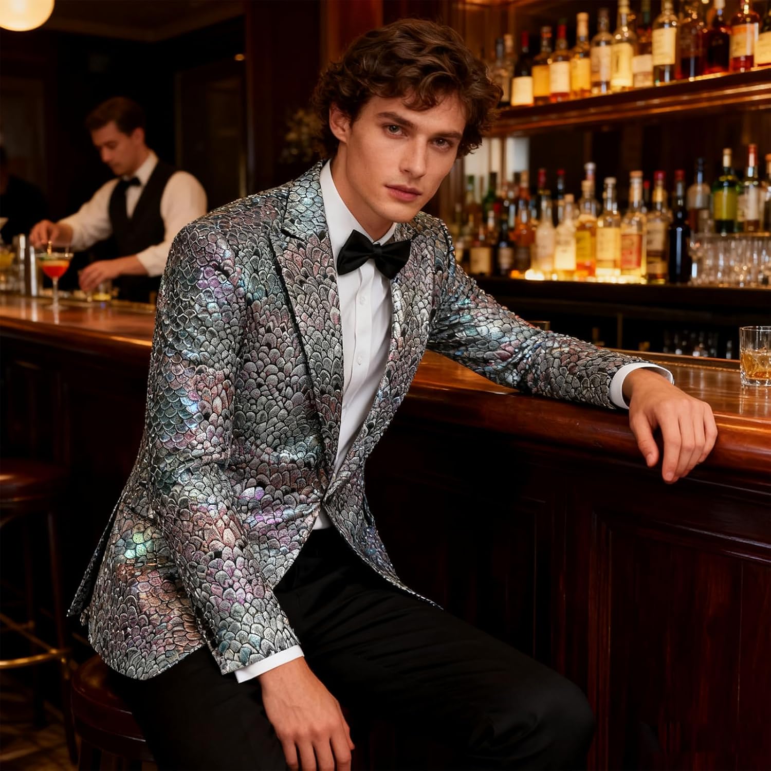 Mens Floral Tuxedo One Button Jacket Peak Lapel Shiny Blazer Dinner Party Wedding Suit Jacket - Image 4