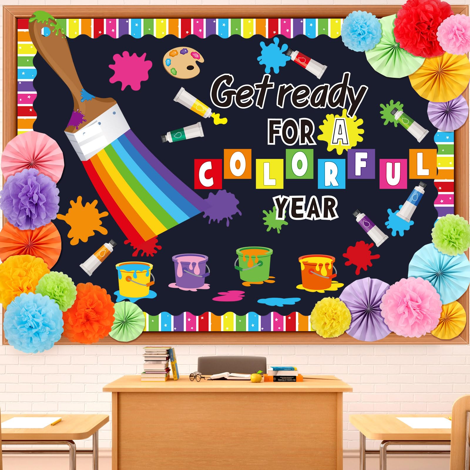 Pasimy Classroom Bulletin Board Decorations Painting Art Cutouts Bulletin Board Set 3D Classroom Decoration with Tissue Paper Flowers Paper Fans Back