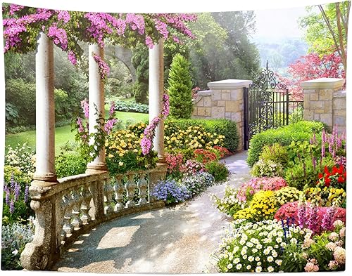 BELECO Tapiz romántico de jardín secreto de primavera para colgar en la pared, 80 x 60 pulgadas, coloridas flores en flor, plantas verdes, tapiz de