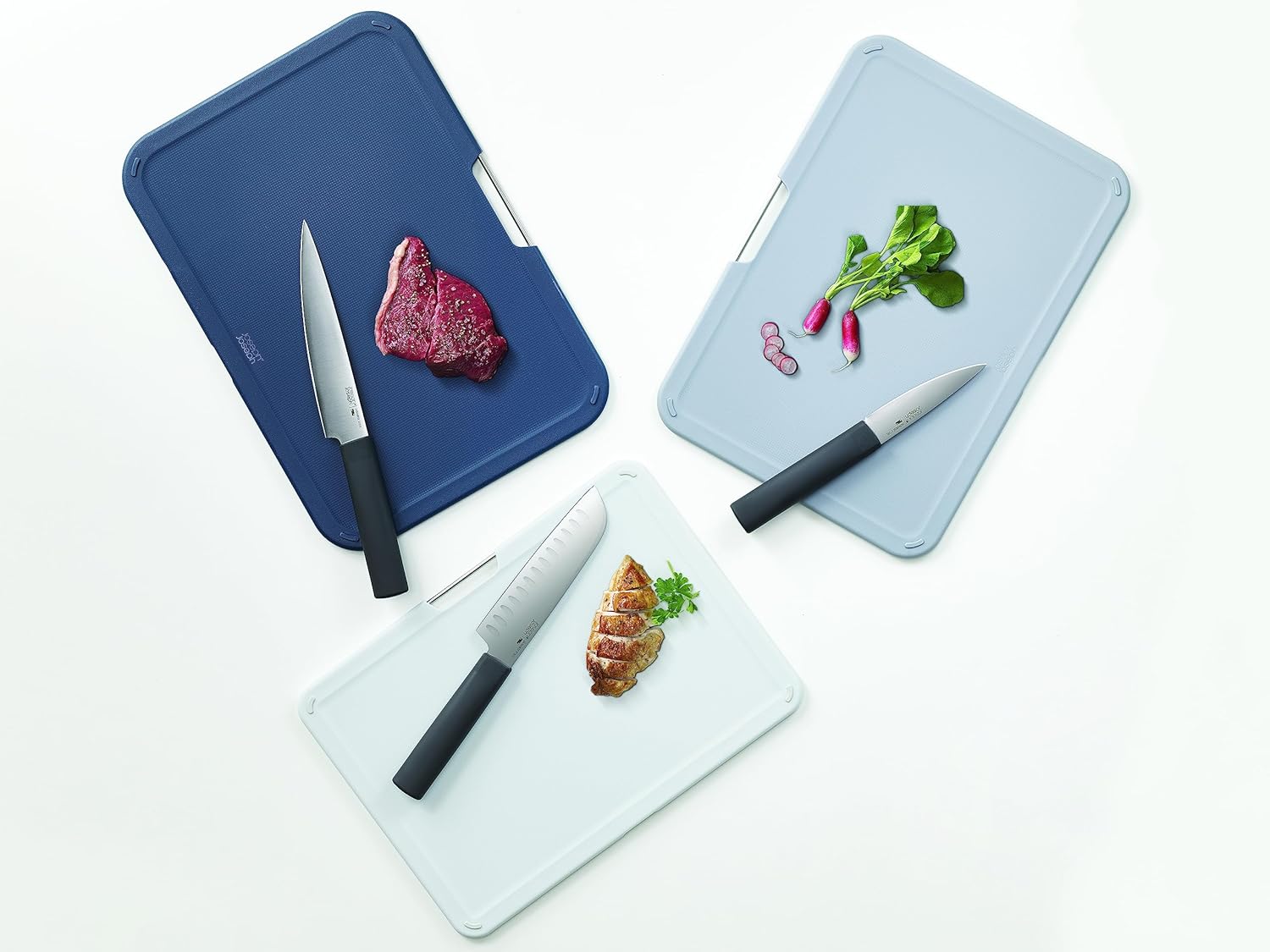 Joseph Joseph Nest 6 Piece Knife and Cutting Board Set, Stainless Steel Kitchen Knives and Color Coded Boards in Compact Storage Stand, Grey
