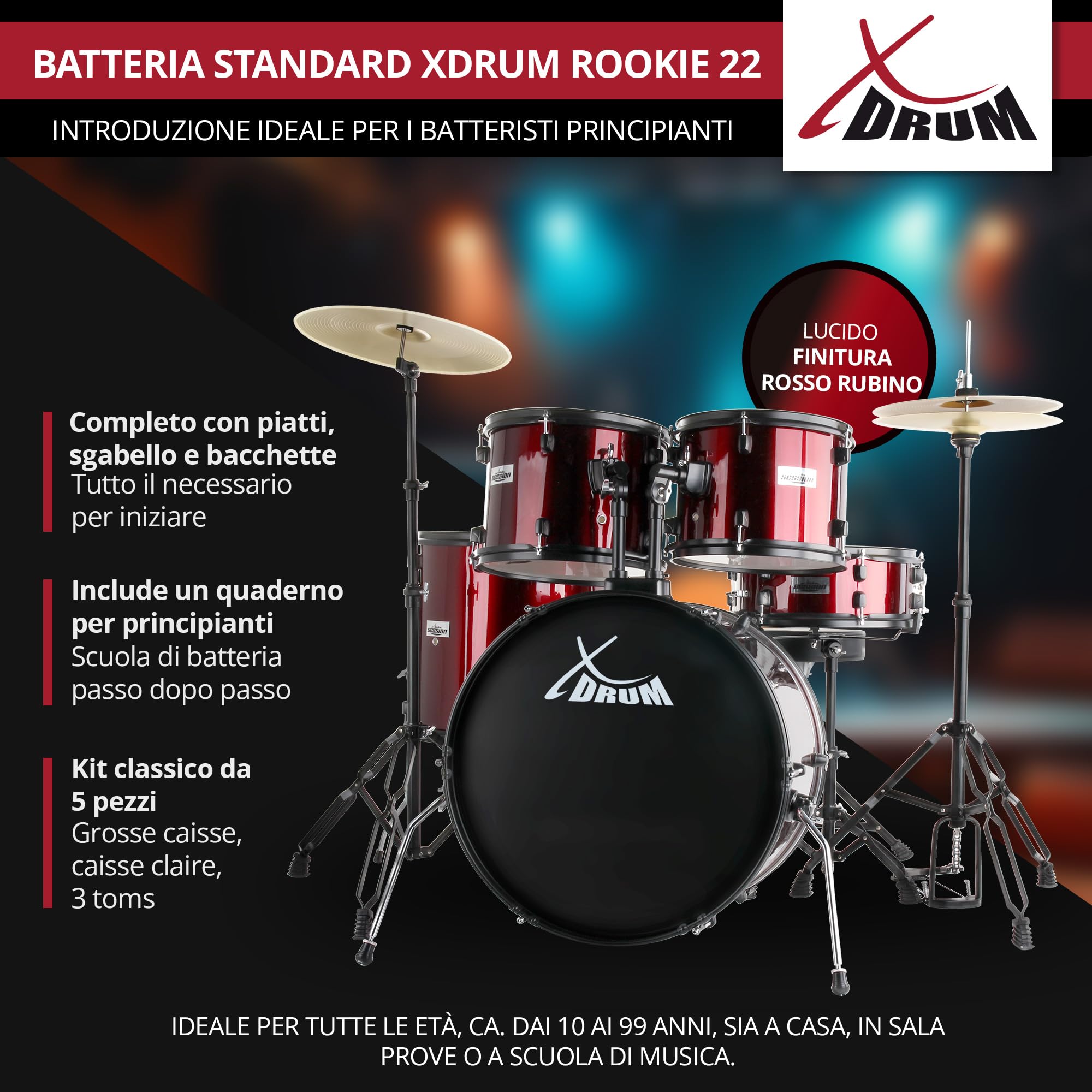 XDrum Rookie 22" Standard Set Batteria Completa Ruby Red - Ideale per Principianti - Hardware Elegante in nero - Incl. Bacchette 5B, Istruzioni di Montaggio e Scuola di Batteria - Rosso