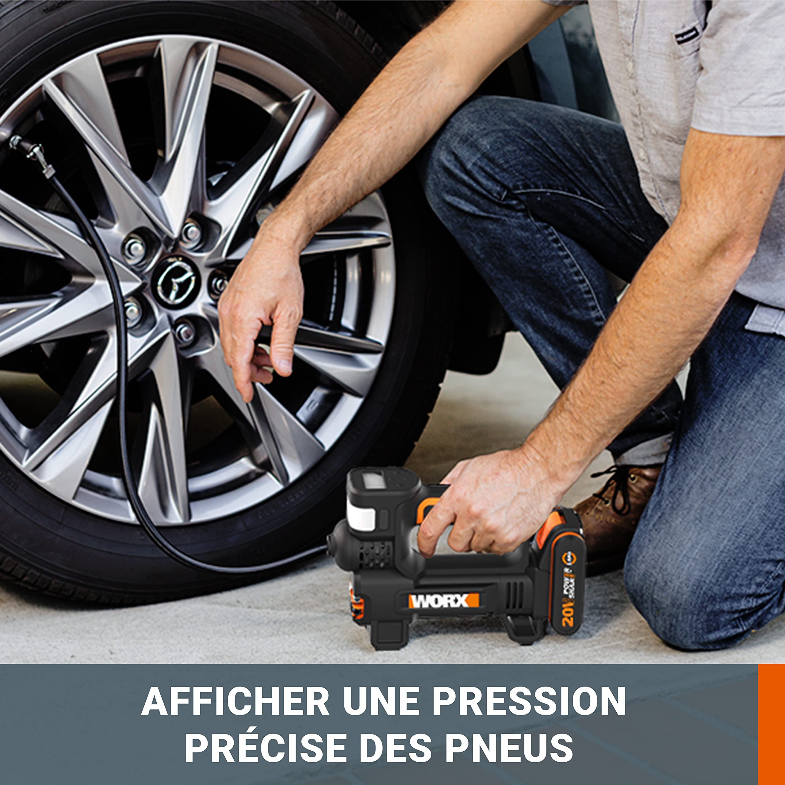 WORX 20V Compresseur à Air Portatif sans fil WX092, PowerShare, Gonfleur Pneus Voiture avec Projecteur LED Puissante & SOS, Max.150 PSI, Pompe a Vélo/Voiture