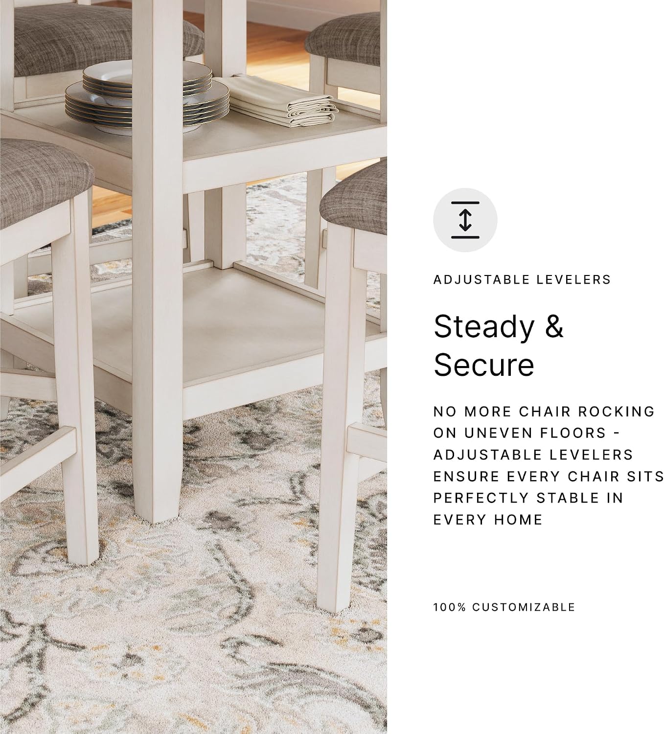 BOWERY HILL Round Dining Table Set, Antique White Finish, Solid and Engineered Wood, Includes 1 Table and 4 Upholstered Bar Stools, Counter Height Design for Dining or Bar Use