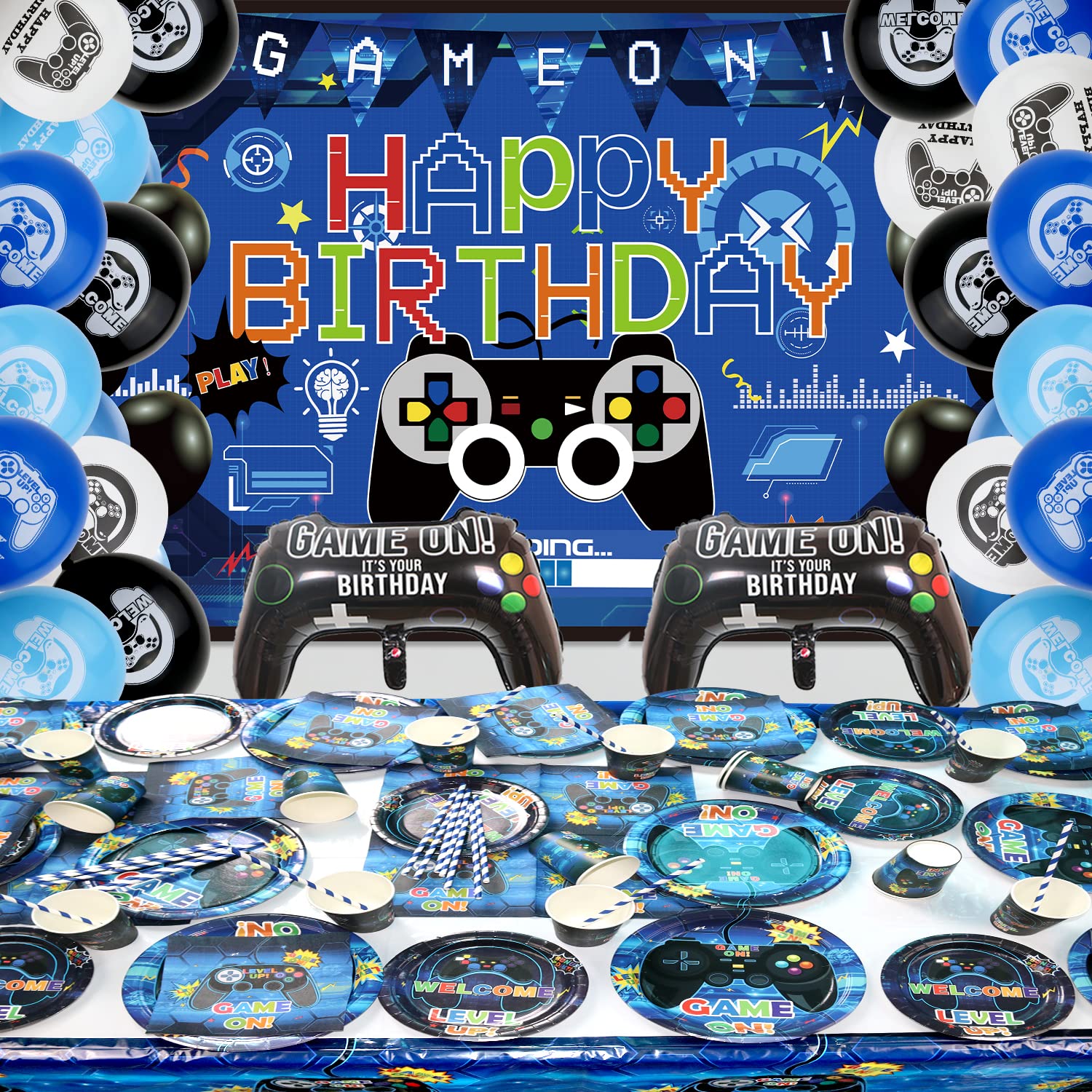Forniture Per Feste Per Videogiochi Set, Inclusi Happy Birthday Fondale da Gioco, Piatti, Tazze, Palloncini ,Tovaglie,Cannucce, per Ragazzi Compleanno Favors Party Decorazione Per (Serves 20 )