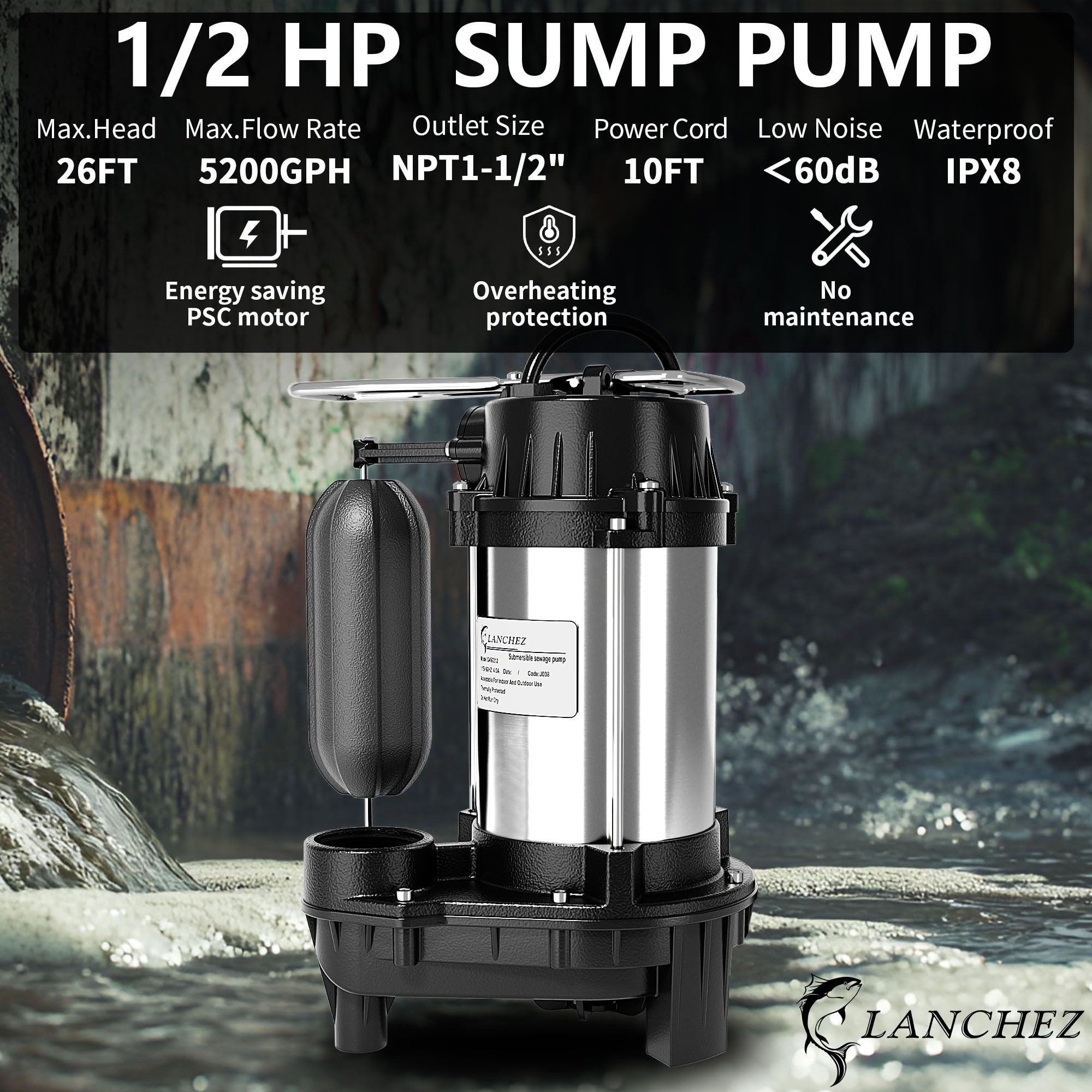 Lanchez Pompa sommergibile in ghisa e acciaio inossidabile 1/2 HP con interruttore a galleggiante verticale integrato, 5200 GPH, robusta pompa per acque reflue nel seminterrato,