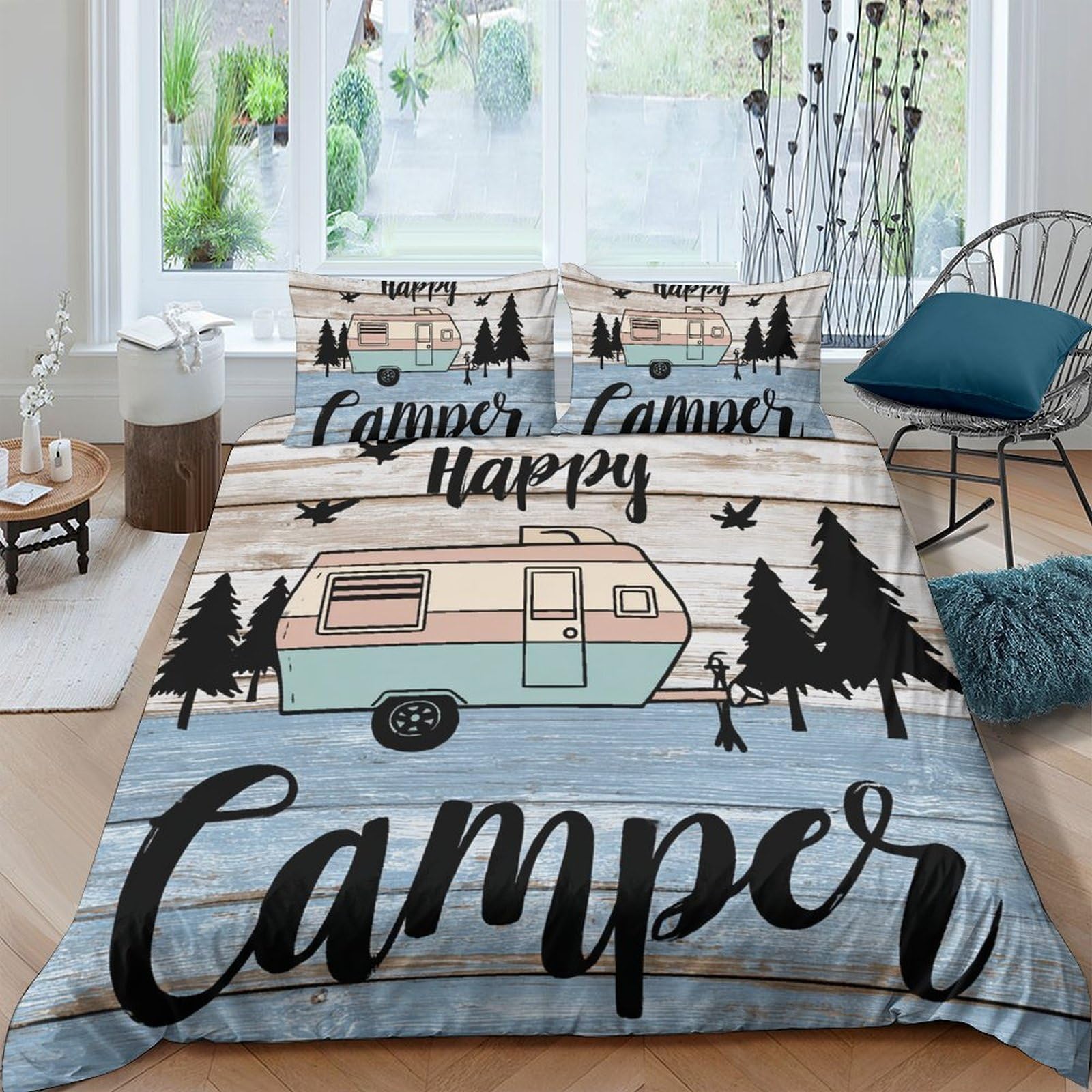 GPLZQXKJNH 3D Printed Camper Forest Duvet Cover Microfiber Soft Breathable Happy Camping Bedding Set with 2 Pillowcases for Bedroom Single（135x200cm）