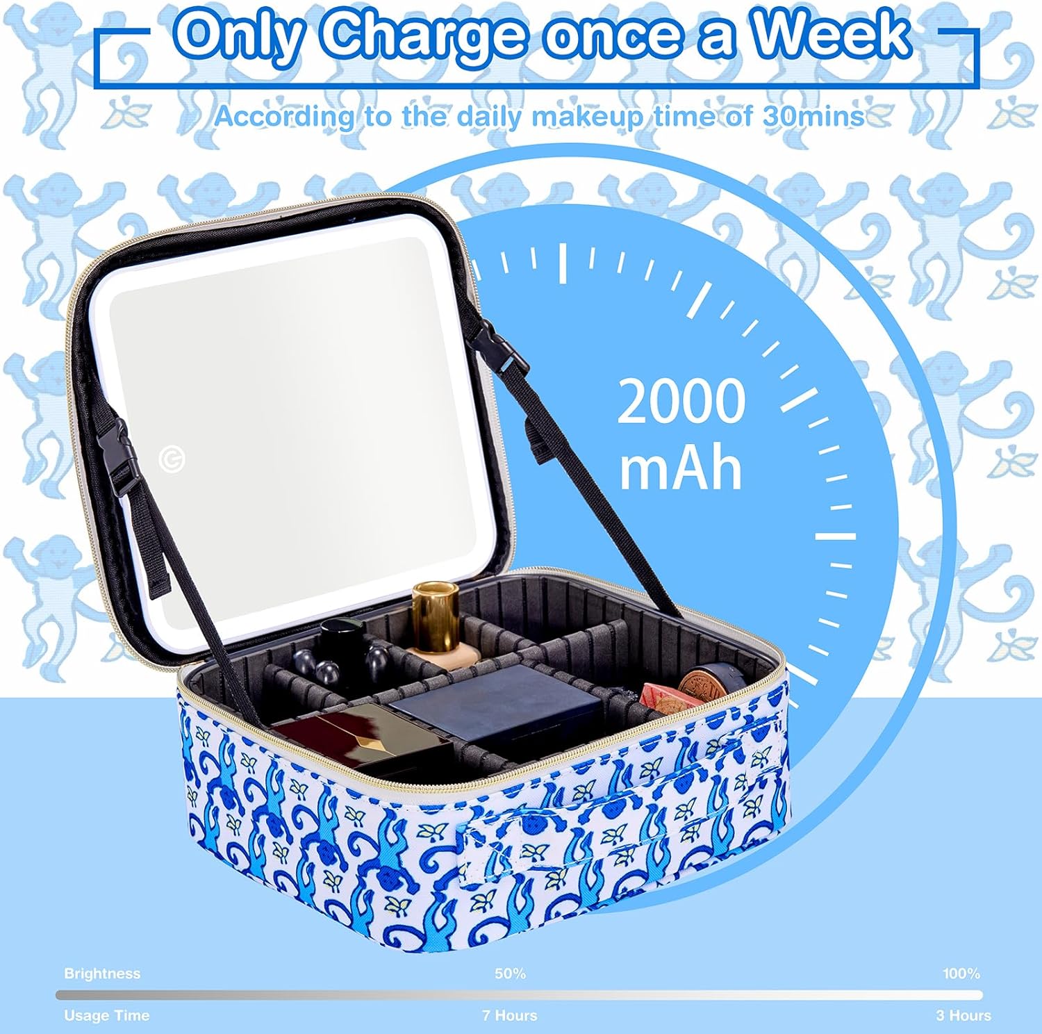 Travel Makeup Bag Organizer with LED Mirror, Portable Monkey Cosmetic Train Case with Adjustable Dividers, Brush Storage Board for Women Christmas Thanksgiving Valentine Birthday Gift (Blue) - Image 3